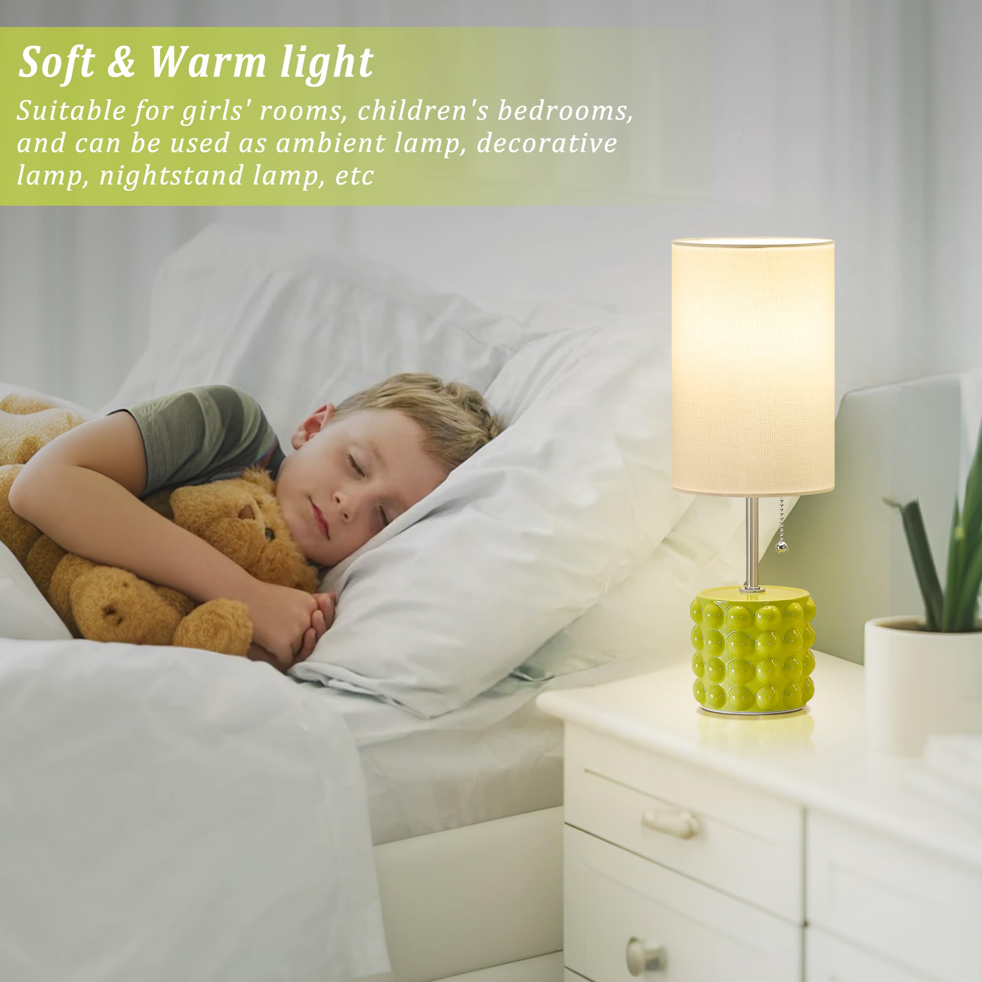 GyroVu Table Lamp Set of 2, Modern Pull Chain Nightstand Lamps, Green Fabric Shade, Small Size for Bedroom, Living Room, Office