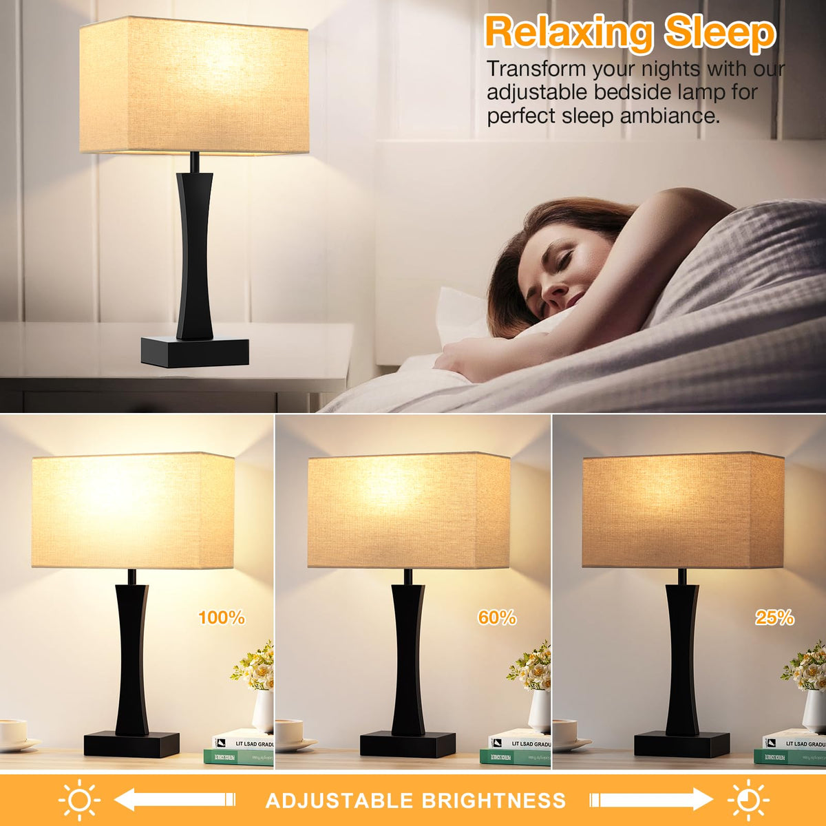Seealle Bedside Lamps Set of 2 - 3 Way Dimmable, Touch Control, USB C+ ...