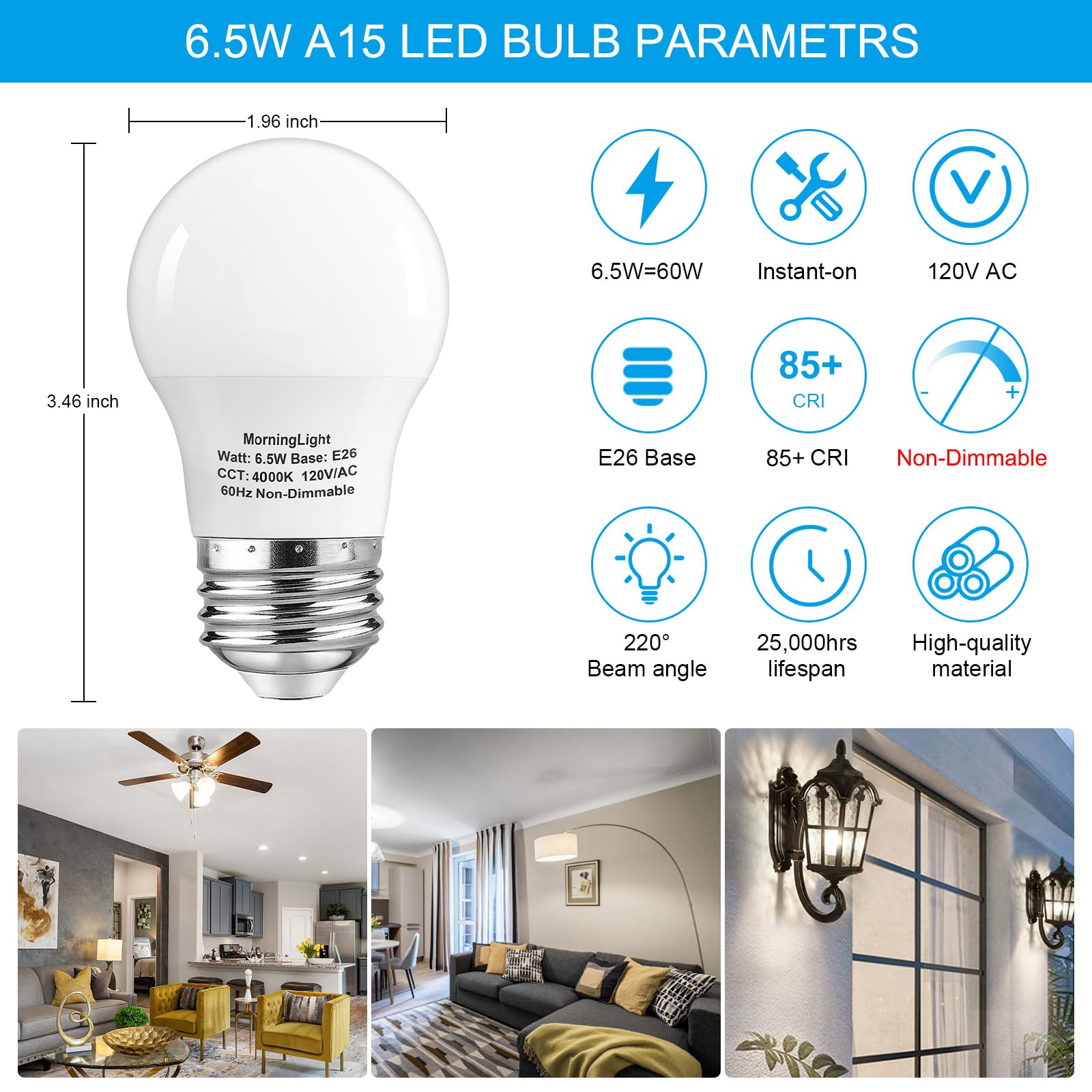 Morninglight 6 Pack A15 Led Bulbs 60 Watt Equivalent, Neutral White 4000K, E26 Base, Non-Dimmable, 6.5W 600 Lumens Bulb, A15 6.5