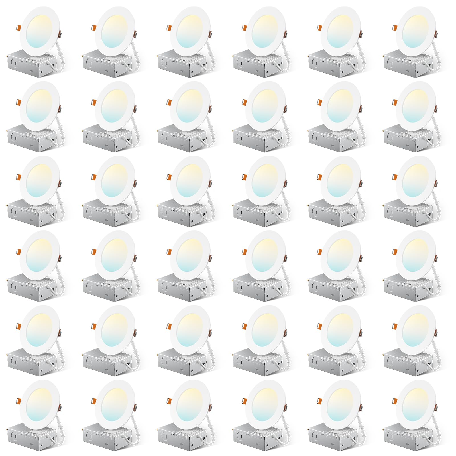 Amico 36 Pack 4 Inch 5CCT Ultra-Thin LED Recessed Ceiling Light with Metal Junction Box, 2700K/-5000K Selectable, 10W Eqv 60W, 8