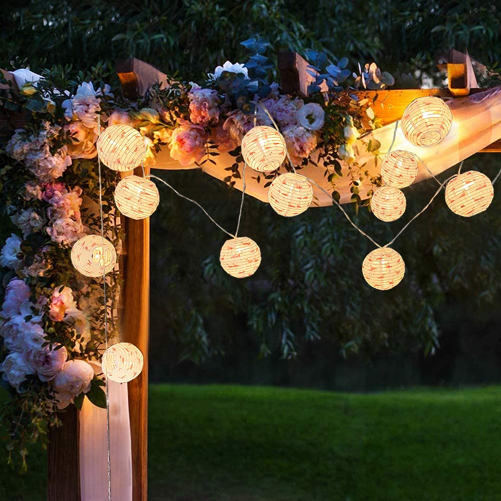 Bright Zeal 20' Long Round Outdoor LED Christmas Lantern String Lights Battery Powered - 2PCS 10' Flamingo String Lights Outdoor Decorative Lanterns for Weddings, Parties - Lantern Lights for Bedroom