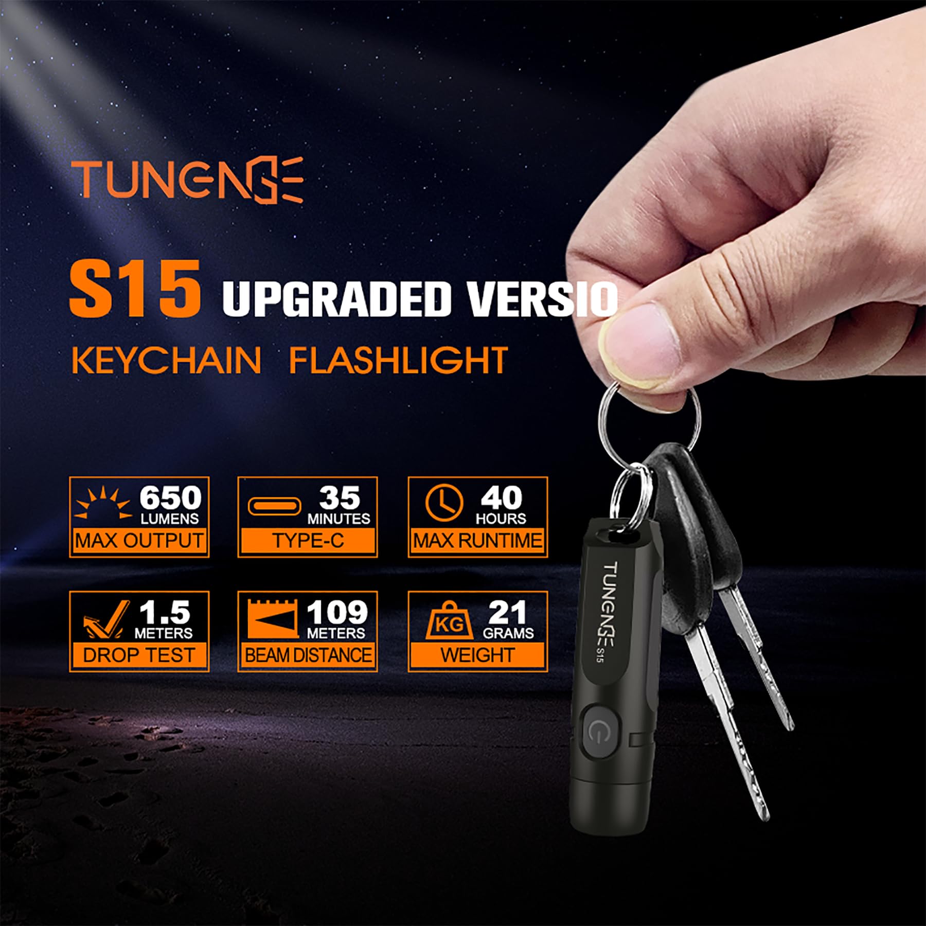 TUNENGE S15 Keychain Flashlight - 650 Lumens Rechargeable Mini Light, Magnet Black, Compact EDC for Hiking and Outdoors
