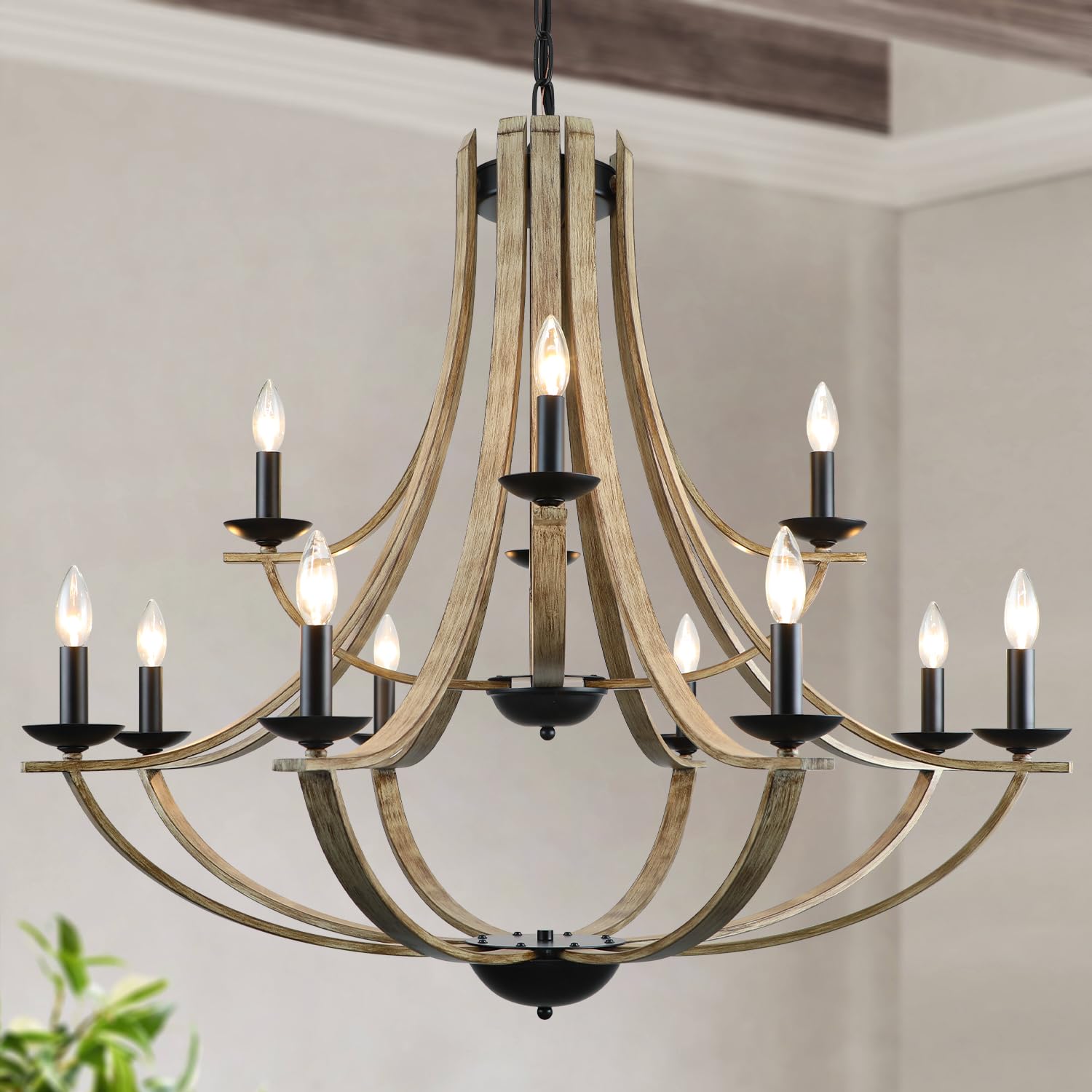 Lampkeduo Farmhouse Chandeliers For Dining Room Light Fixture, 2 Tier 12-Light 41'' Adjustable Height Retro Faux Wood Texture Ru