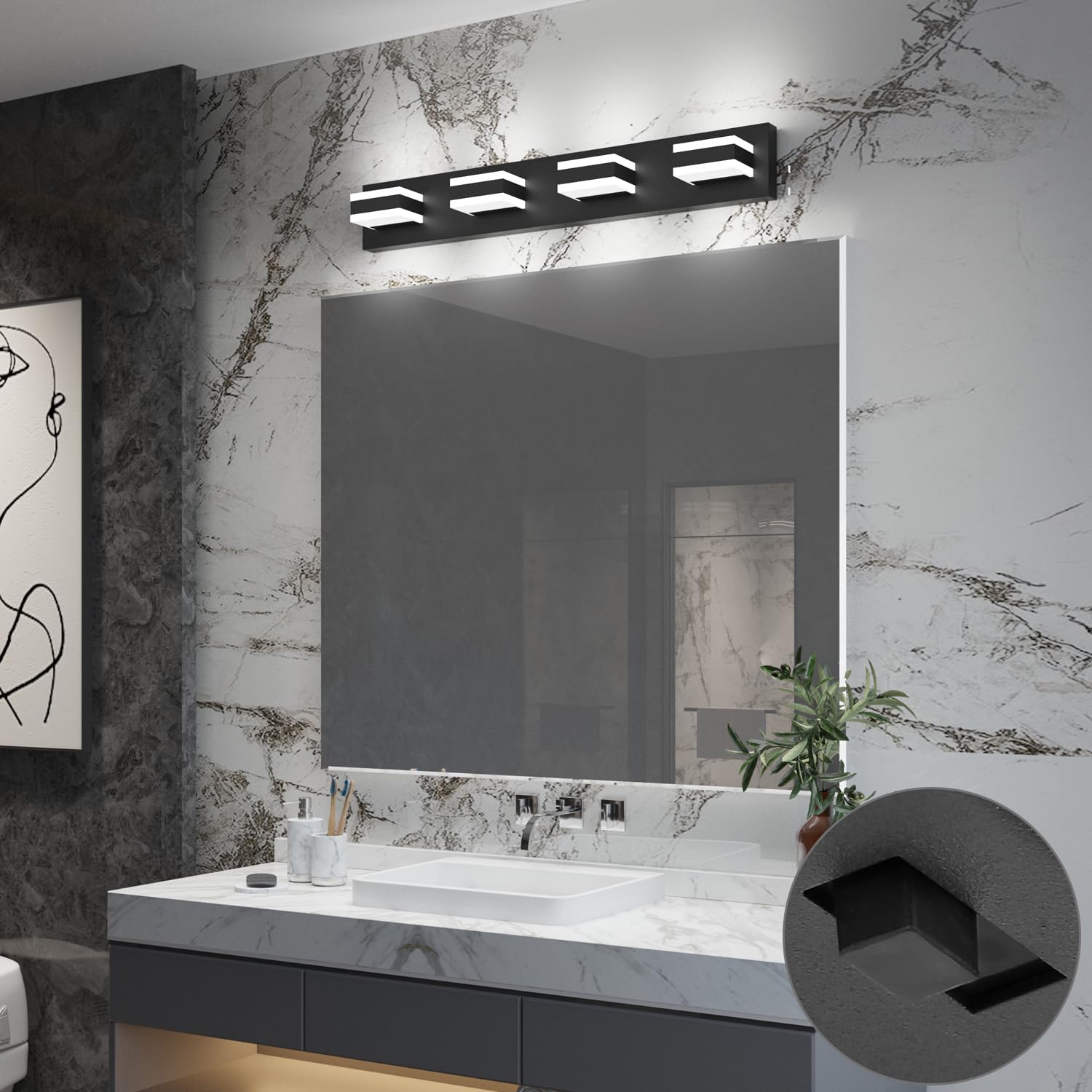 SOLFART 4-Light Bathroom Vanity Fixture, Adjustable 5 Color Temp, Matt Black, 29.5" Aluminum, Model S8568-4T-6000K-5CCT
