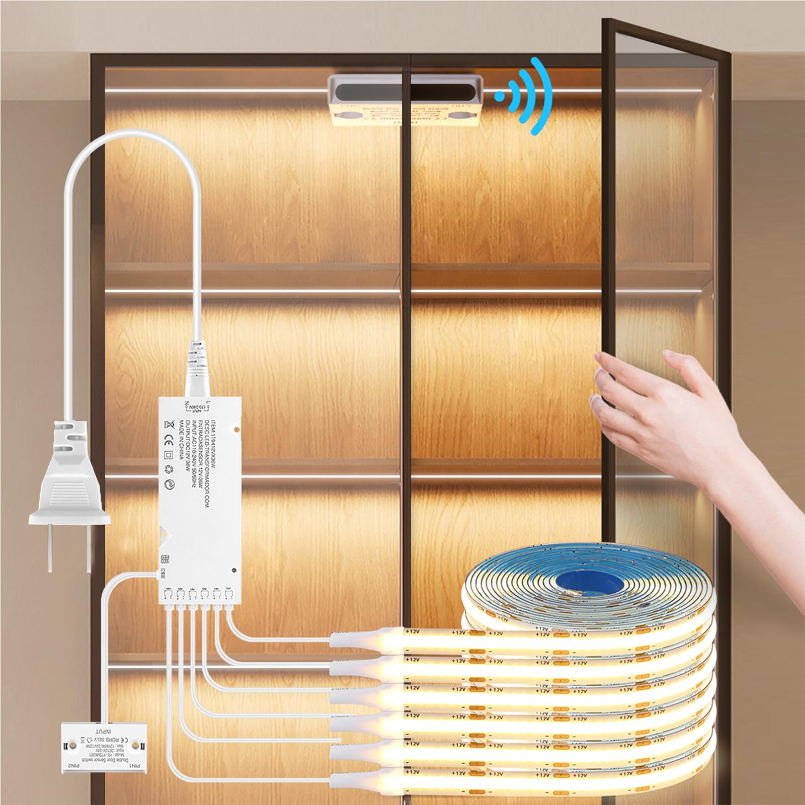 CHNMALITAI 12V COB LED Band Light 6 -in-1 Door Sensor Control LED Under Cabinet Lighting 3.3Ft 3000K Warm White Shelf Lighting Band for Beverage Cabinets  Shoe Racks  Display Cabinets  Kitchen Cabinets