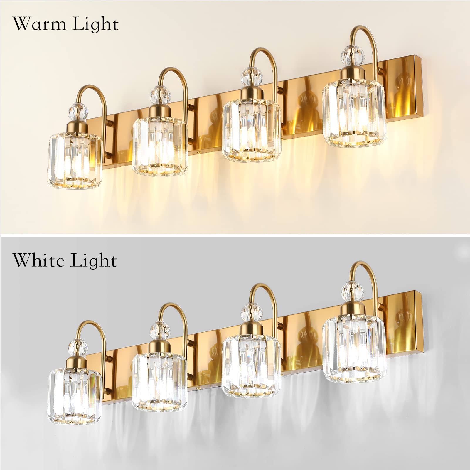 Ralbay 4-Light Brass Gold Crystal Vanity Lights - Modern Bathroom Wall Lighting Fixtures