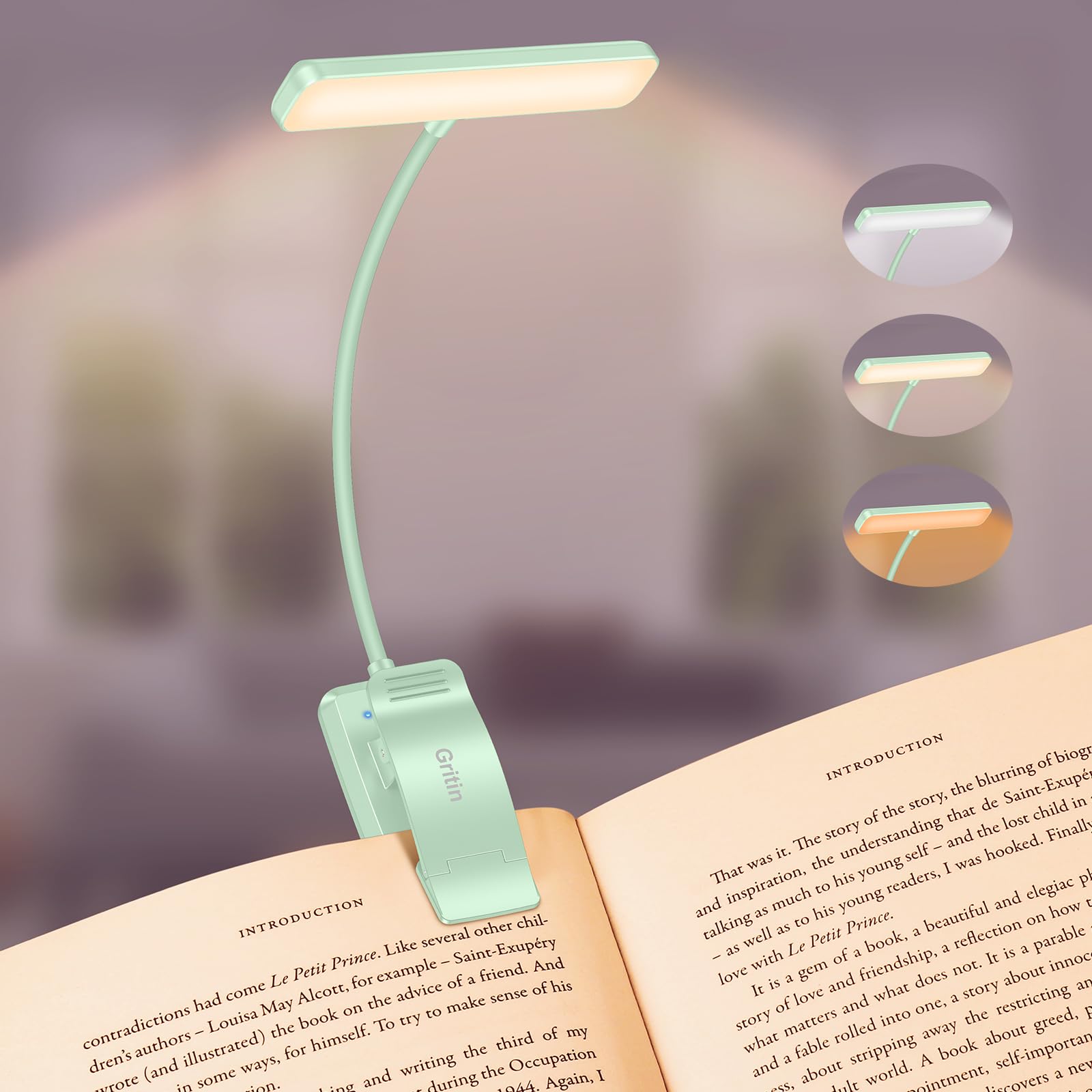 Gritin 19 LED Rechargeable Book Light, 3 Color Temperatures, Stepless Dimming, Clip-On, 80 Hrs Runtime, Cyan, Model G1326