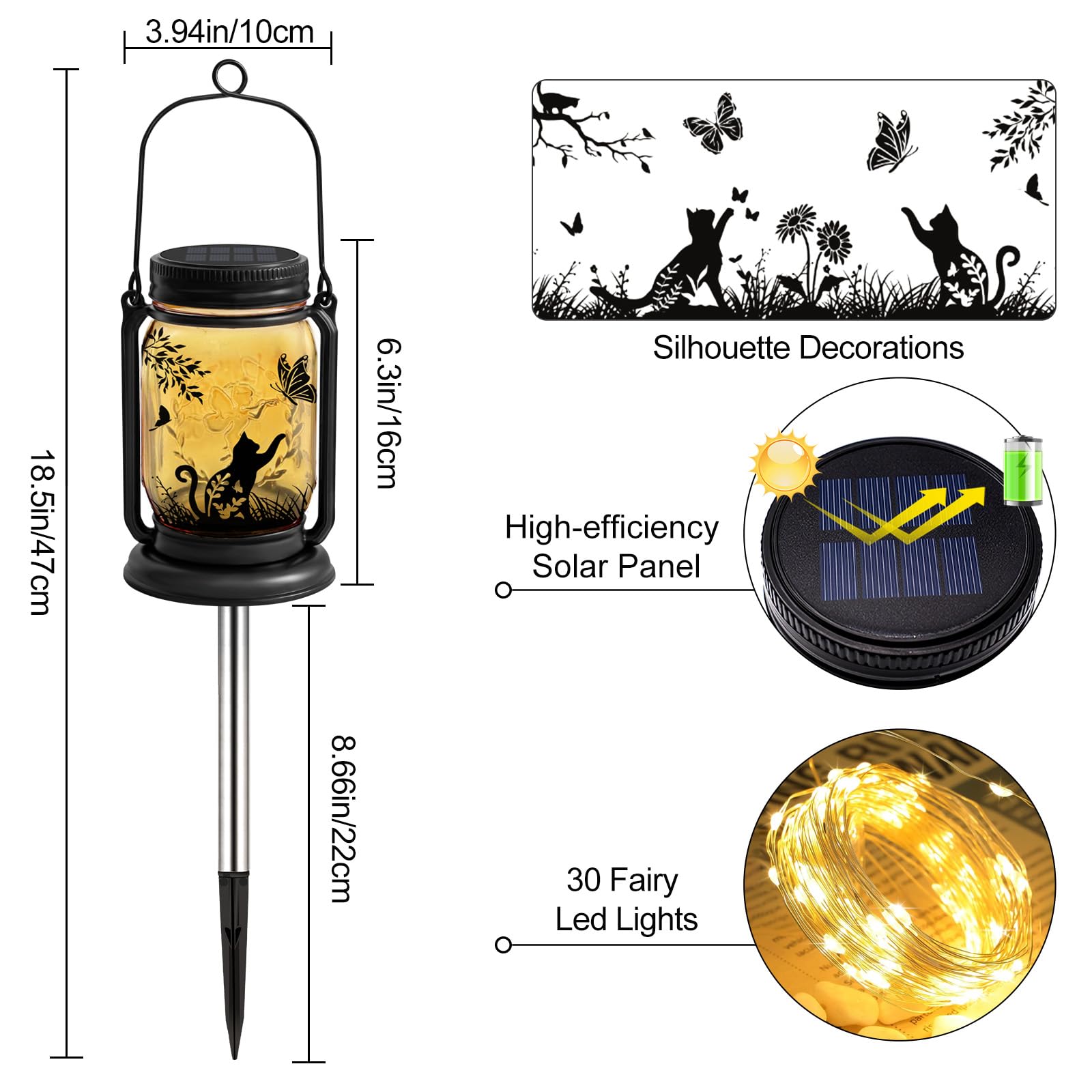 ANGMLN Cat Solar Lanterns 3-in-1 Outdoor Waterproof Glass Mason Jar Hanging Lights for Garden Decor - Model FG-61, Cat Color