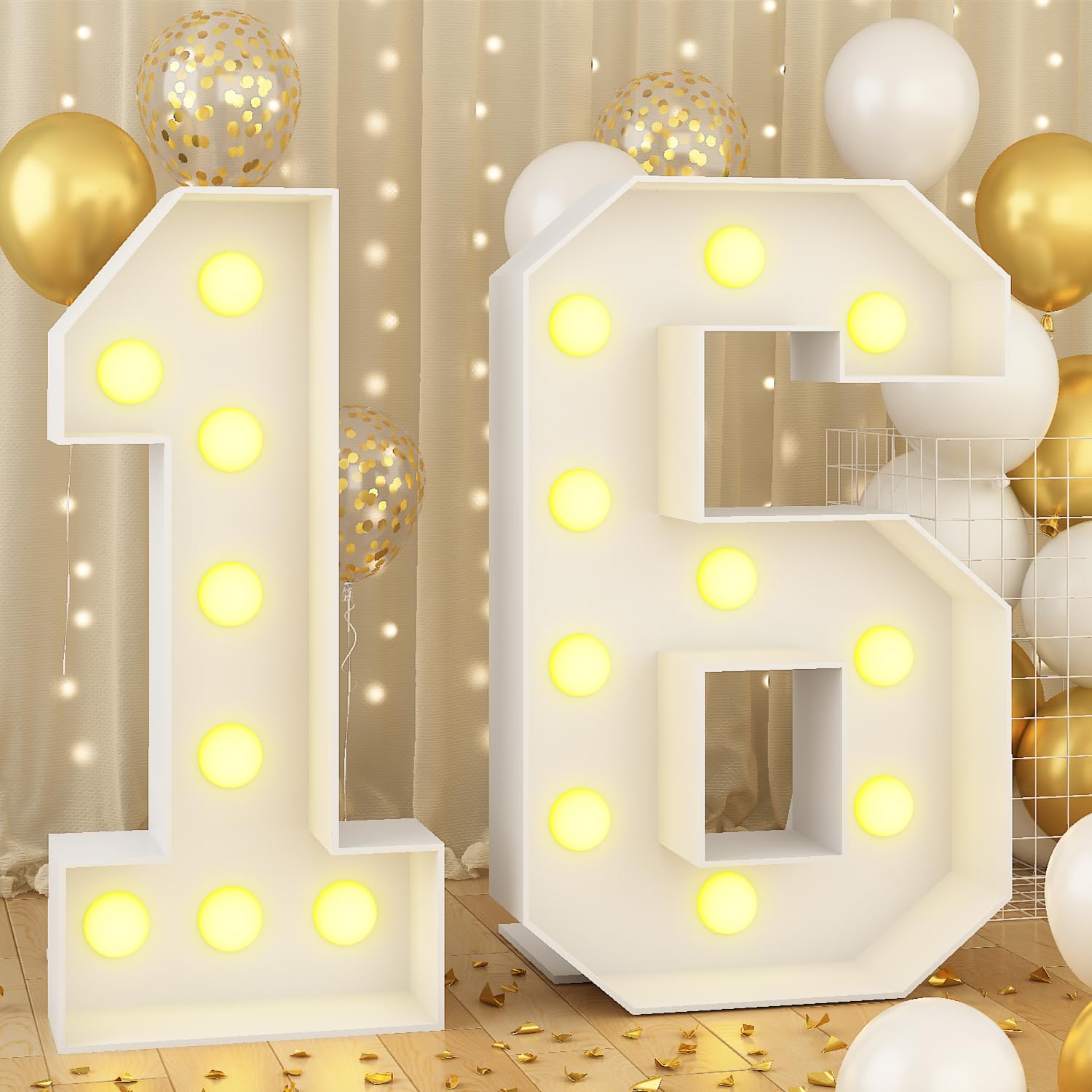 4ft Light Up Numbers 16 Large Numbers with Lights Bulbs White Marquee Frame for 16th Party Boys Girls Birthday Decorations Pre-Cut Mosaic Cardboard Giant Cut-Out Thick Foam Board Sign Anniversary