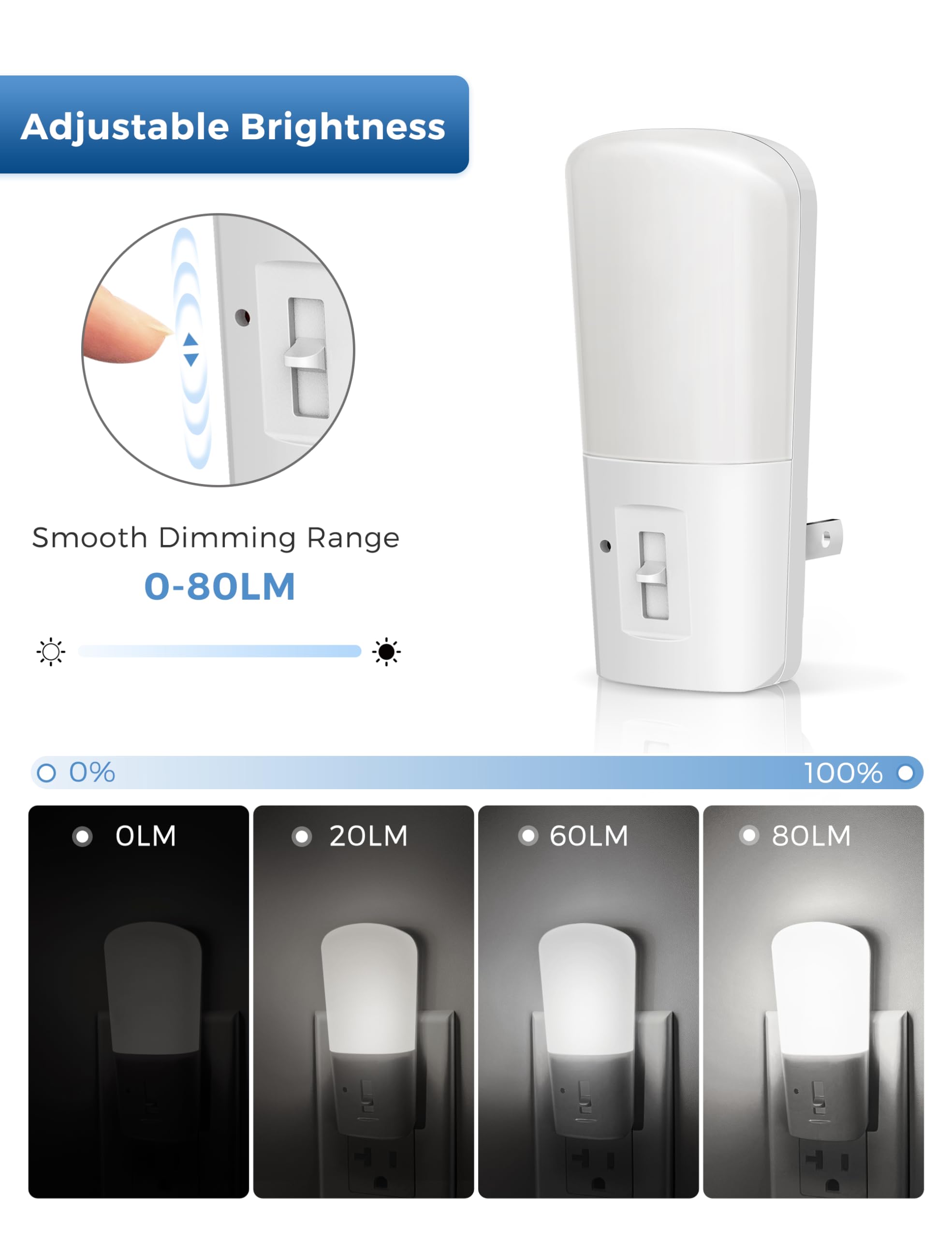 LOHAS LED Night Light 2 Pack, Dimmable with Dusk to Dawn Sensor, Daylight 5000K, Adjustable Brightness, Mini Wall Light, White