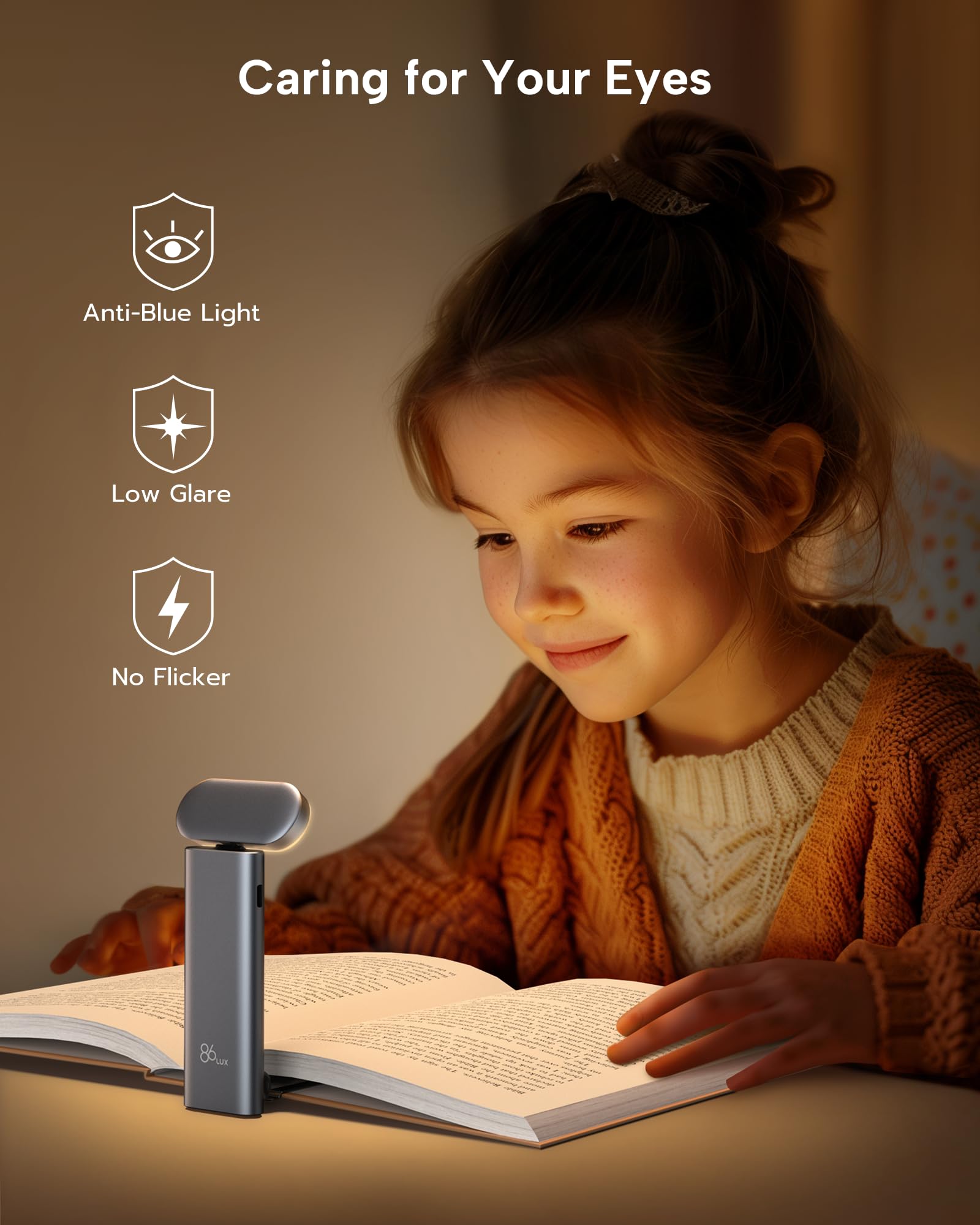 86Lux Book Light, Reading Light For Book In Bed, Usb Rechargeable Led Night Light With 3 Colors & Limitless Dimming, Aluminum Alloy Bookmark Light For Book Lovers,Technology Black