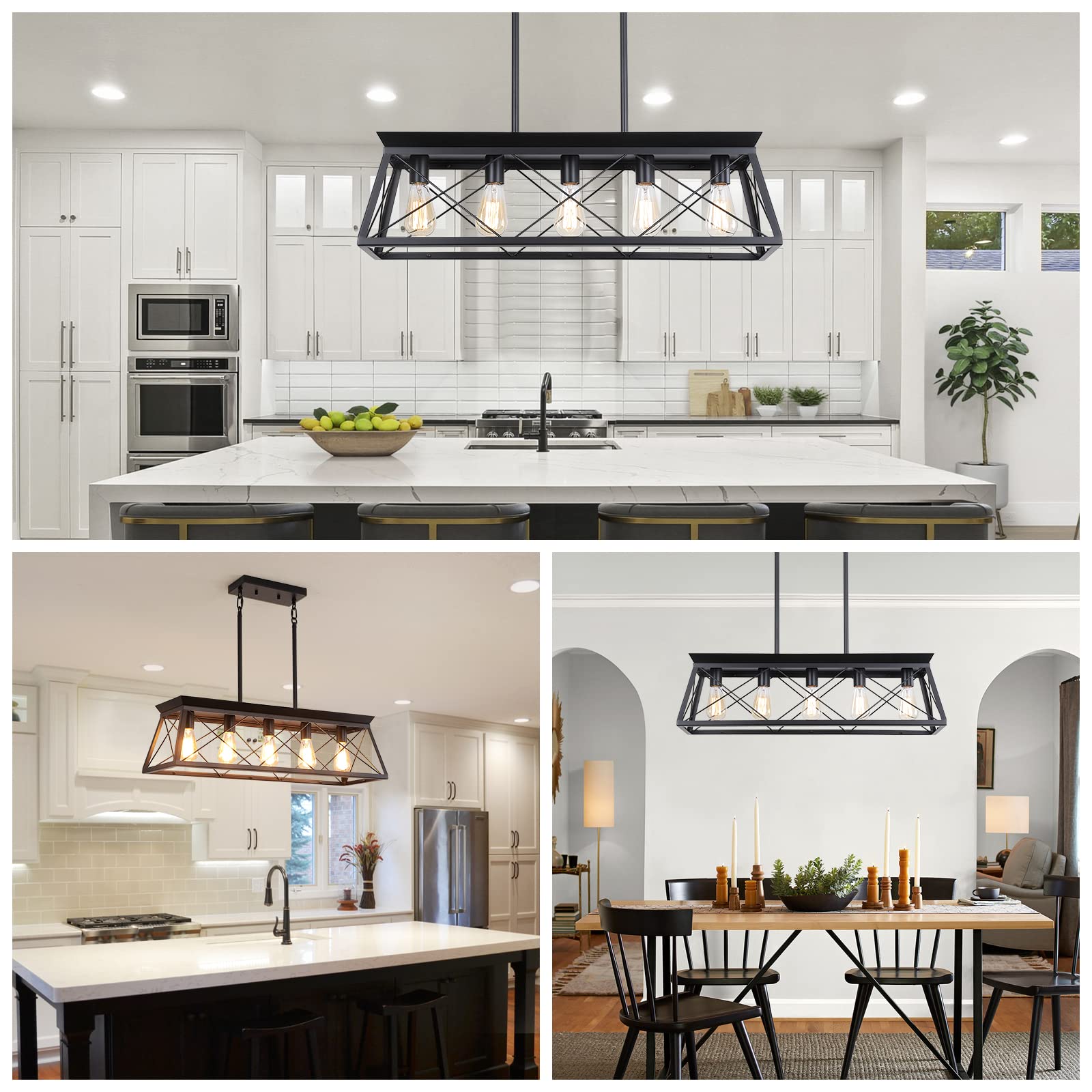 XIPUDA 5-Light Linear Pendant Chandelier, Rustic Iron Ceiling Light Fixture, Black, Model XPD-0059