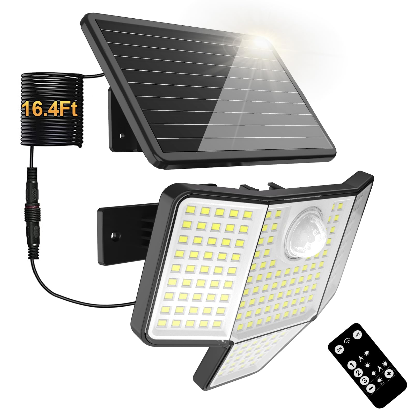 HAARAY Solar Motion Outdoor Light with 16.4ft Cable, 4-Sided Wide-Angle Illumination, 3-Stage Dimming, Remote Control, 3 Modes,