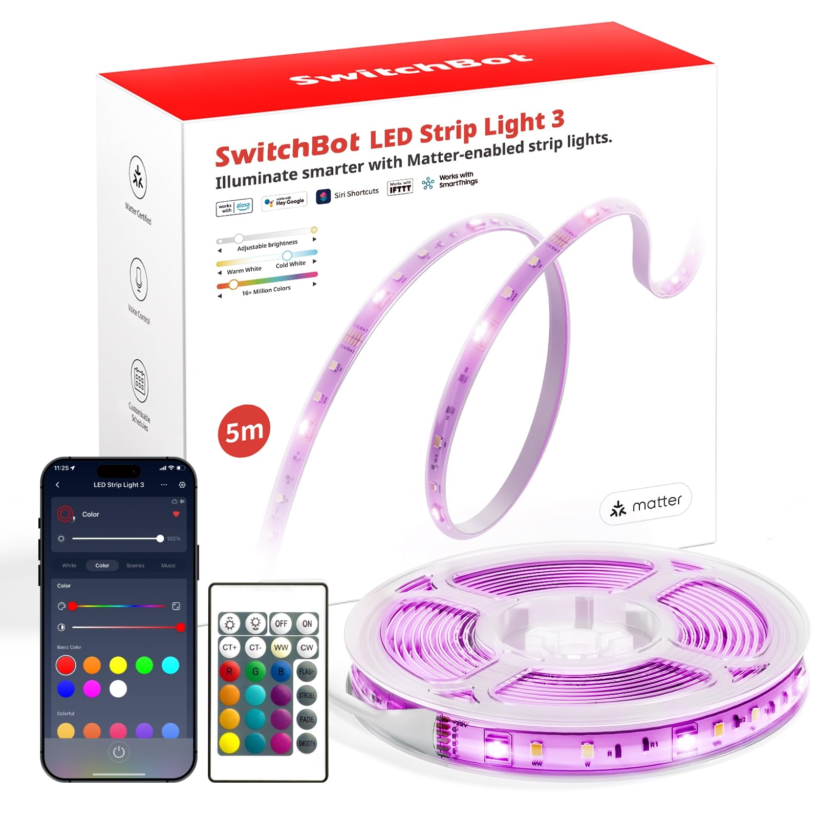 SwitchBot 16.4ft RGB LED Band Lights for Bedroom  12V Smart Light Band with Matter  Works with Apple Home  Alexa  Google Home  Music Sync  Color Changing for Room  Cabinet  Party  Decor