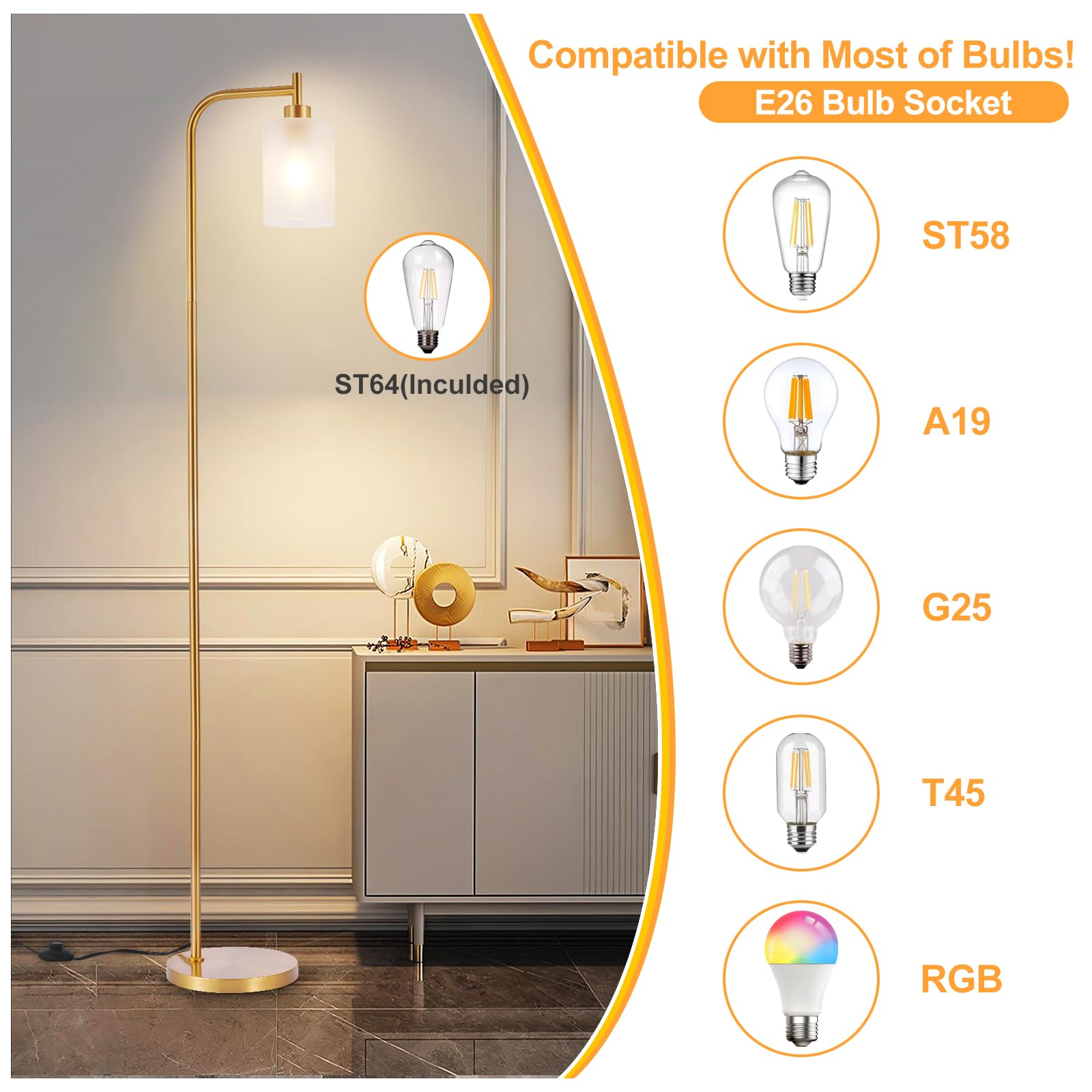 Dllt Floor Lamp Tall For Room: Gold Standing Lamp With Frosted Glass Lampshade For Living Room - Modern Bright Lamp For Bedroom