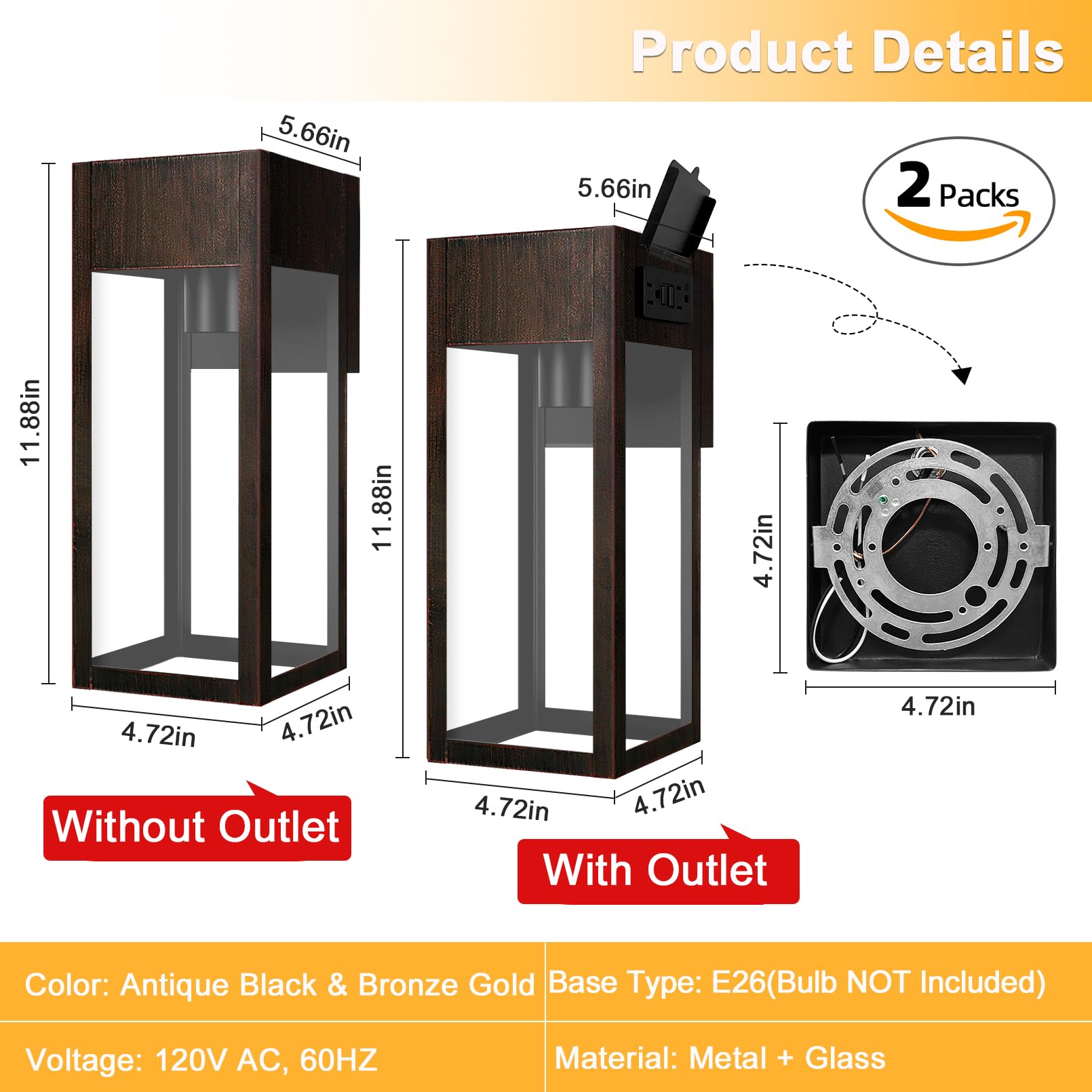 OYKYOHEI Outdoor Wall Sconce, Waterproof Metal Lantern Light with GFCI Outlet, Antique Black and Bronze Gold, Model OYKYOHEI-001