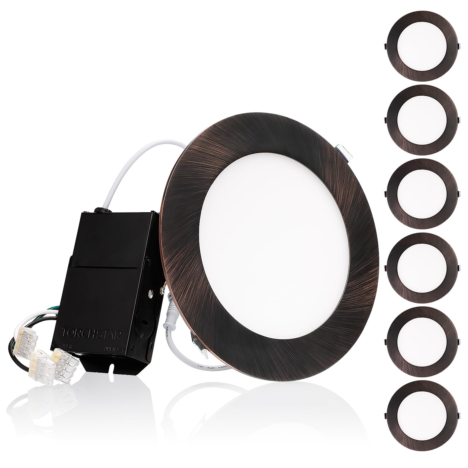 Torchstar E-Lite Series 6 Inch Slim Recessed Lighting With J-Box, 13.5W Ultra-Thin Led Recessed Light, Dimmable Canless Downlight, Etl&Es Listed, Cri90, 3000K Warm White, Oil Rubbed Bronze, Pack Of 6