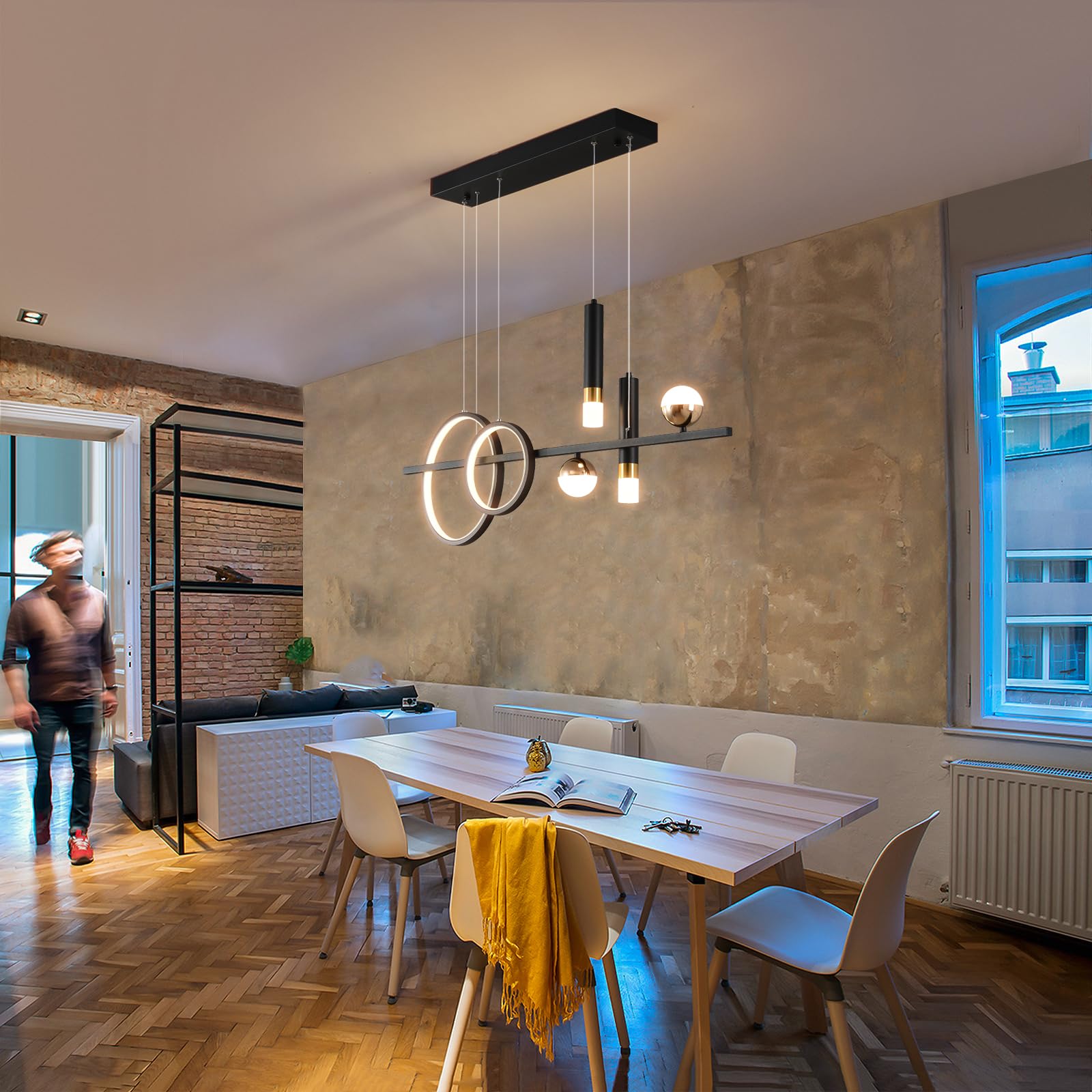Siittoo Modern Dimmable LED Linear Pendant Light, 39.4IN, Black Gold, Model FM7449, Remote Control, Ideal for Dining Room and Kitchen Island