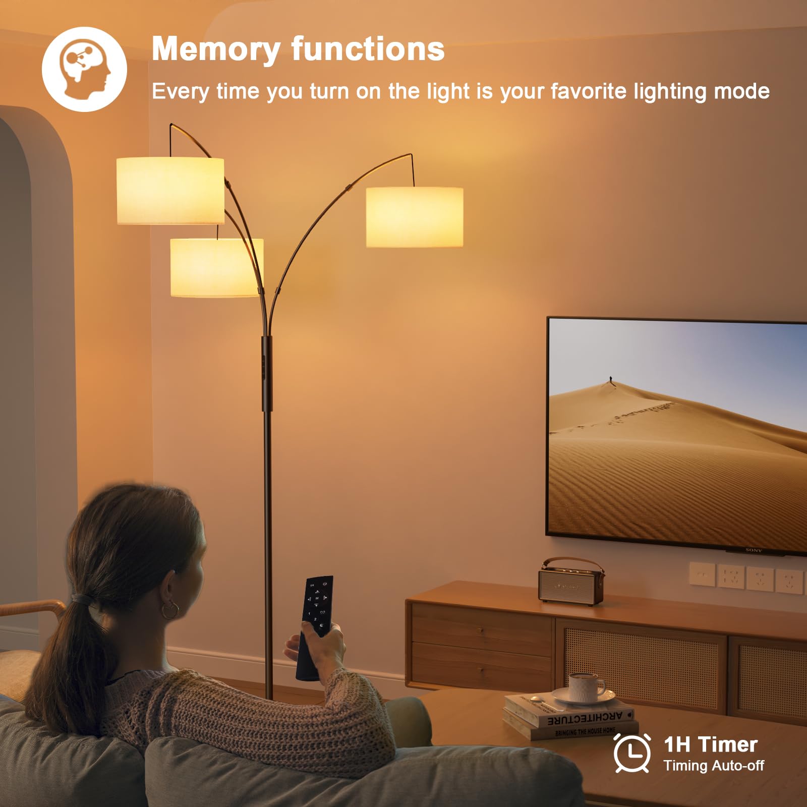 SIBRILLE 36W LED Arc Floor Lamp with Remote, 3000LM, 3 White Shades, Black-White Linen, Model BP-F030