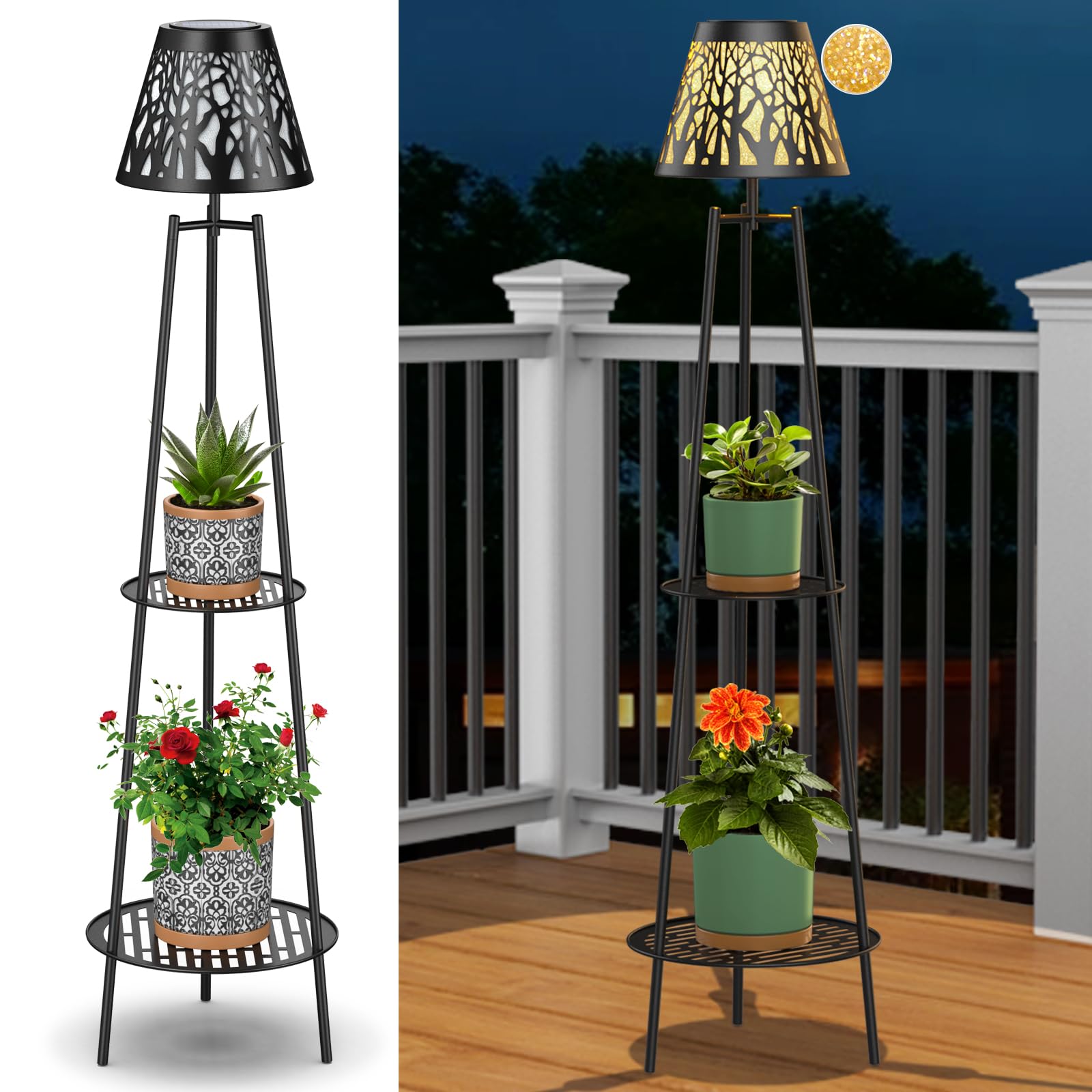 Candieslife 2 Pack Outdoor Solar Lights with Plant Stands, 45.5'' Metal Solar Floor Lamps Waterproof Solar Garden Lights for Pat