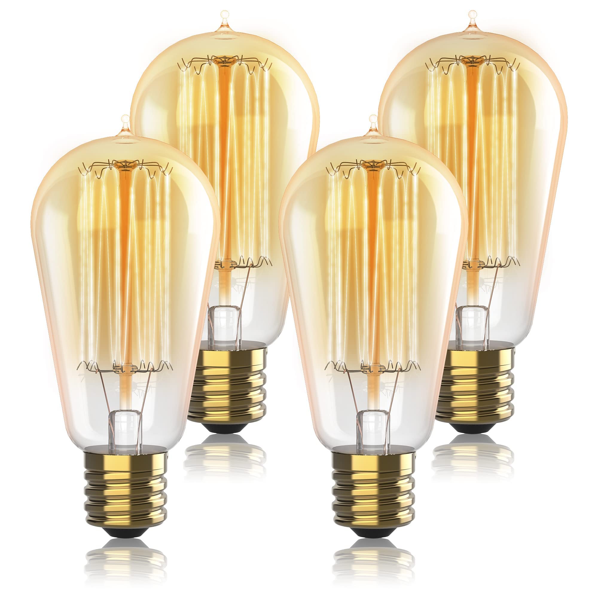 HUDSON BULB CO. Vintage Incandescent Edison Light Bulbs 60W Dimmable 4 Pack E26/E27 Base 2100K Clear Glass Squirrel Filament ST58
