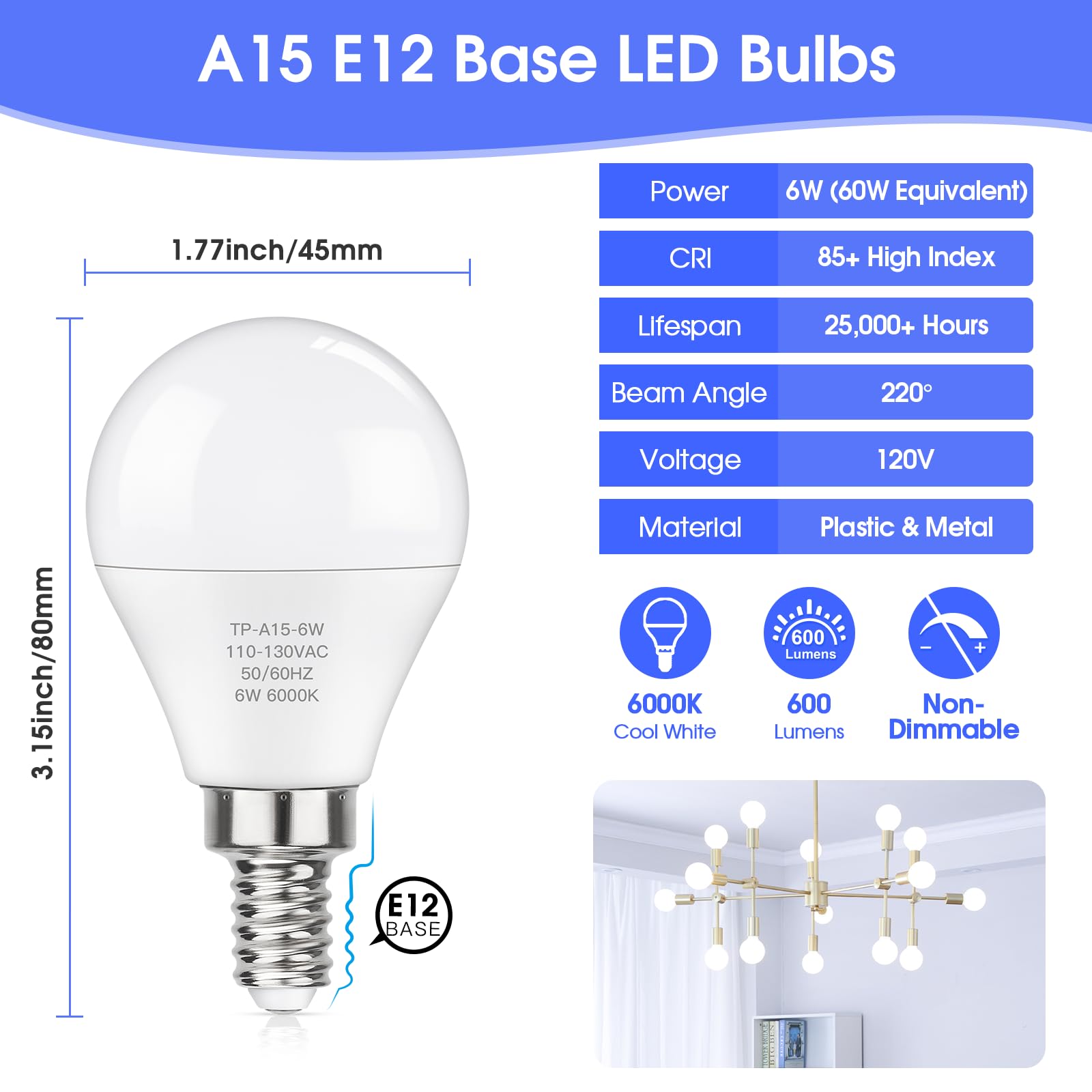 Maxvolador E12 Led 60W Equivalent Cool White 6000K Ceiling Fan Bulbs, 600Lm Cri 85+ Small Base Candelabra Bulbs, 6W Non-Dimmable, Pack Of 6