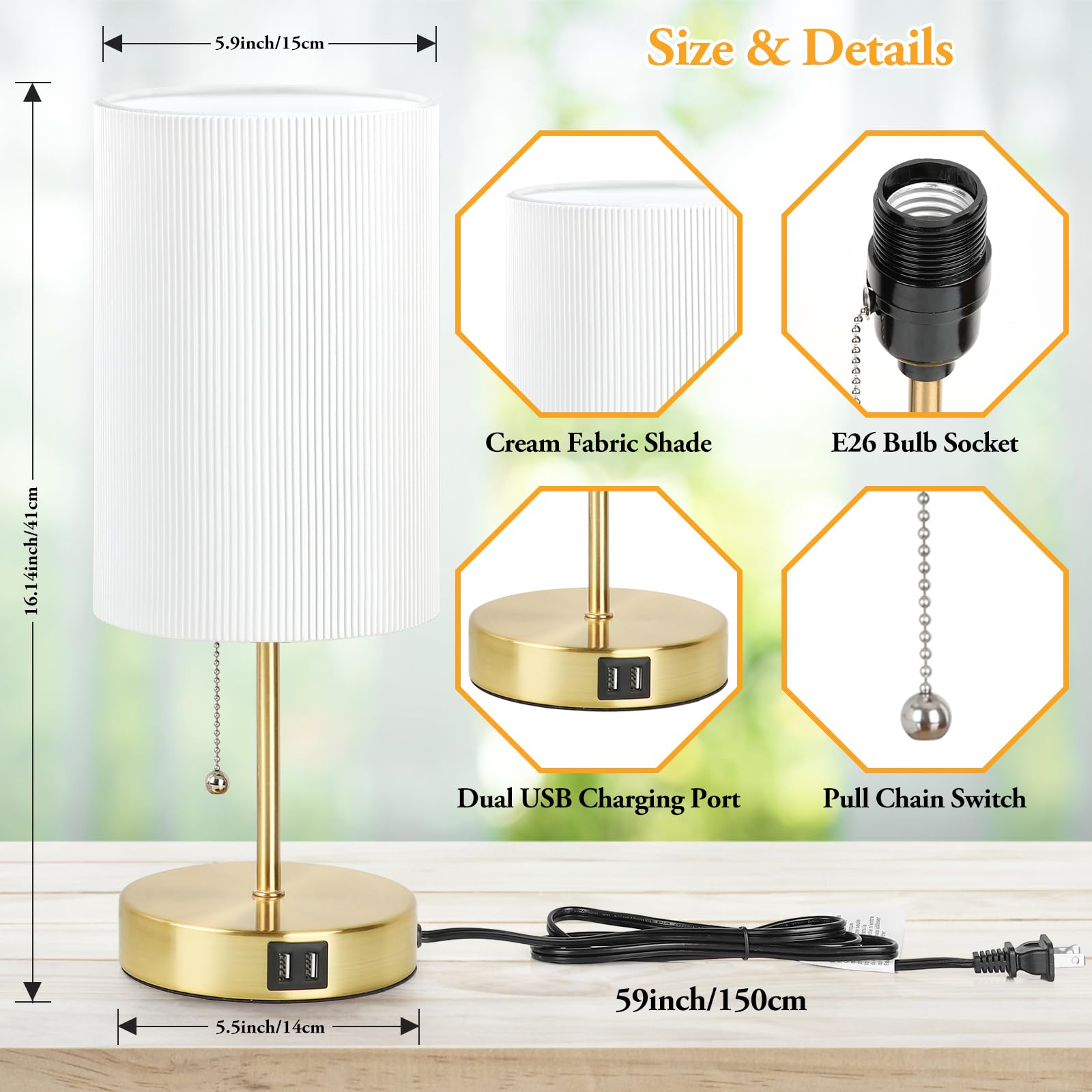 Lakumu 2 Sets Table Lamps with USB, White Pleated Shade, Gold Metal Base, Model ST0011-G, Ideal for Bedroom, Living Room, Dorm