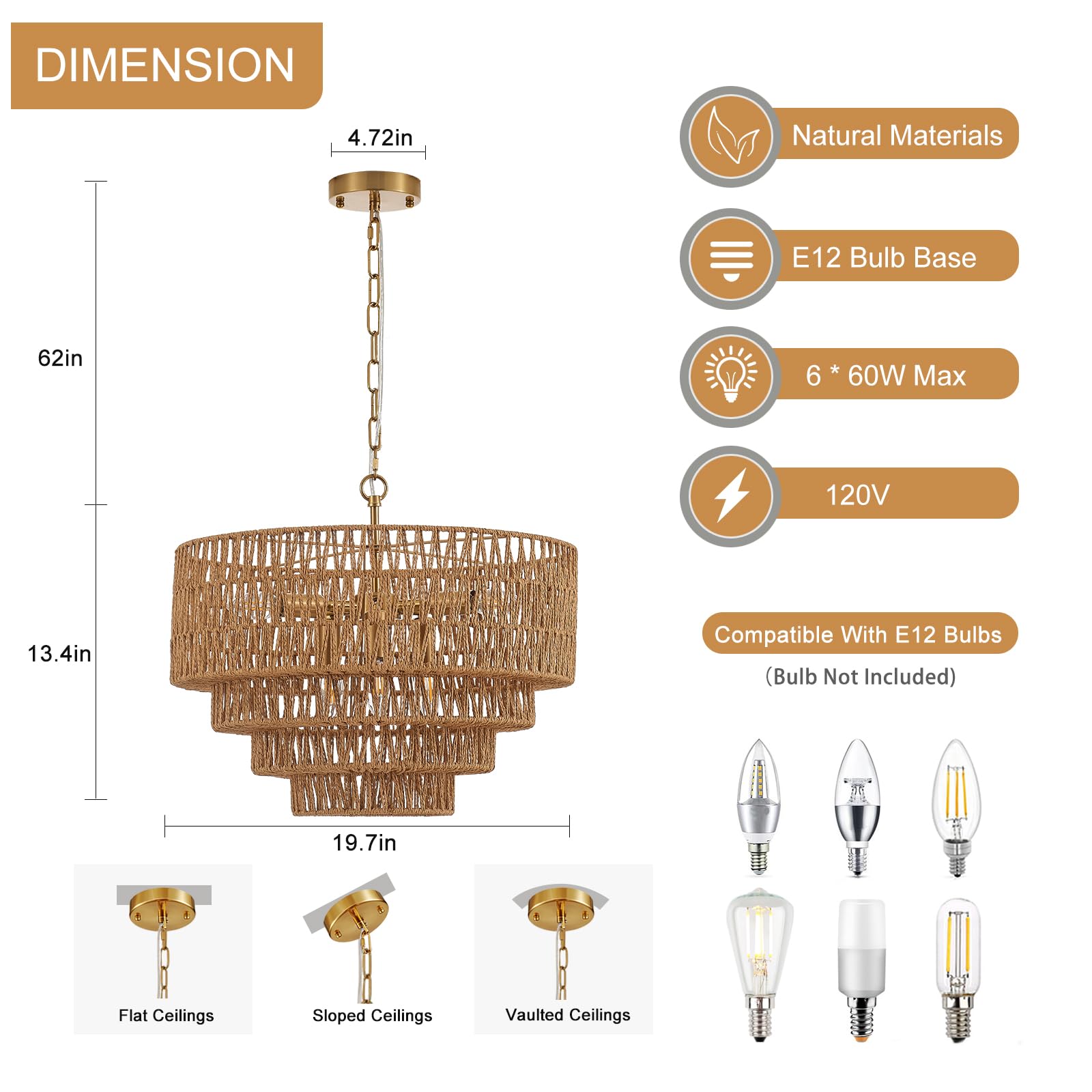 YOMECOO Boho Rattan Chandelier 6-Light Vintage Light Fixture 19.7" Gold MD208-6-V-Golden for Dining Room, Kitchen, Bedroom