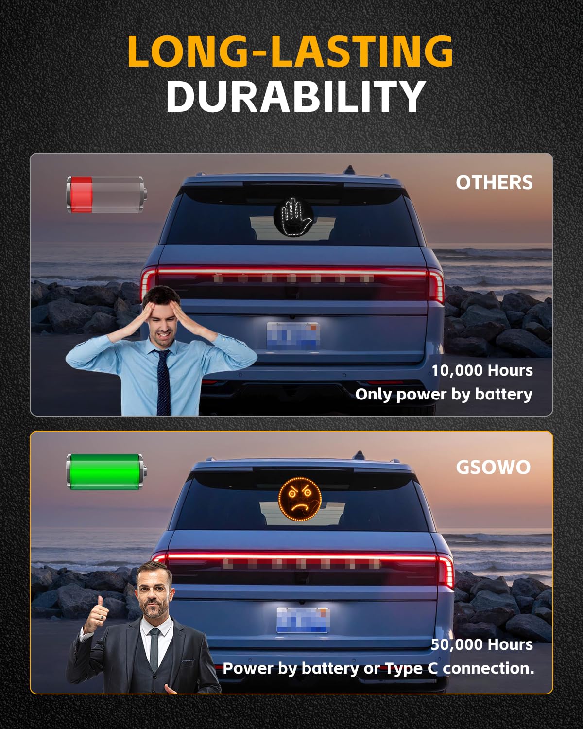 GSOWO LED Trunk Gesture Light with 4 Emojis, 11 Modes, Plastic, Model GS-H-BA, Ideal for Car Trunk Cargo Area & Ceiling Lighting