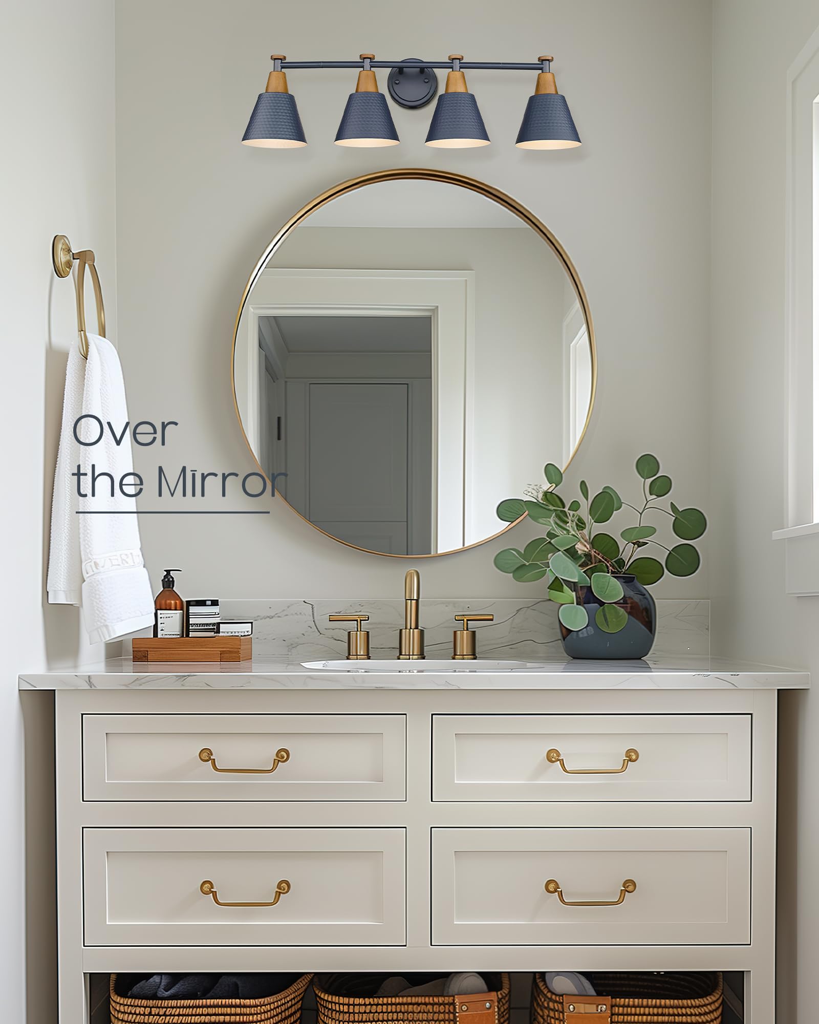 FEMILA 4-Light Bathroom Vanity Light Fixture, Hammered Metal Shade, Dark Blue, Farmhouse Modern Design