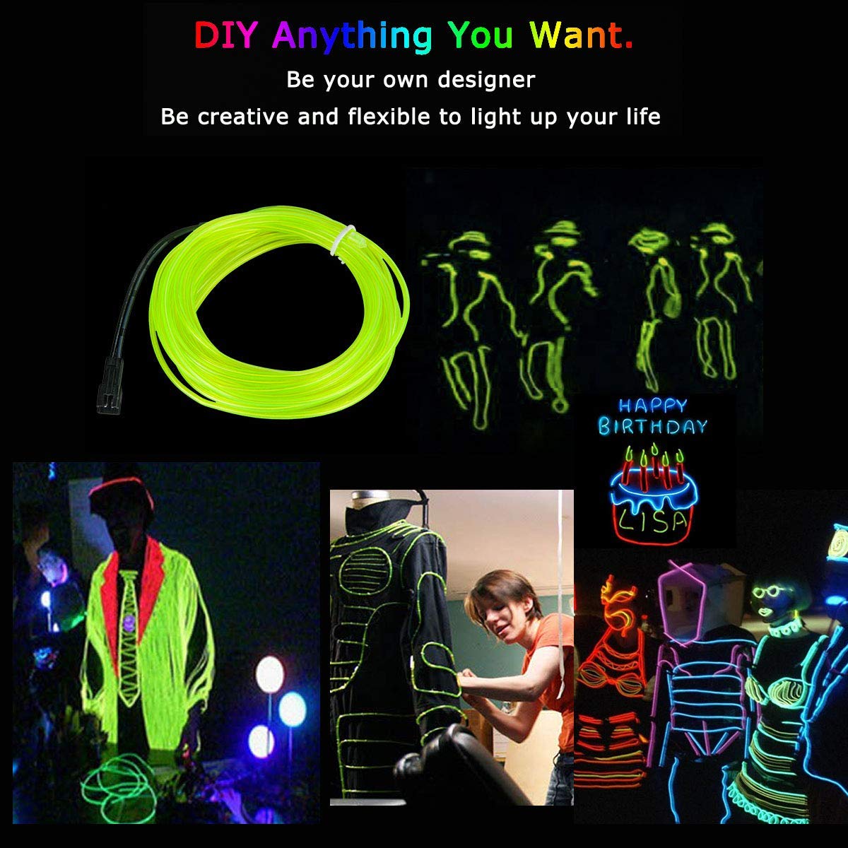 Jiguoor Usb Rechargeable El Wire 32.8Ft/10M (5Mx2) Bright Neon Light Strip 360° Illumination Neon Tube Rope Lights For Diy, Festival, Party, Halloween, Chrismas (32.8Ft/10M, Fluorescent Green)