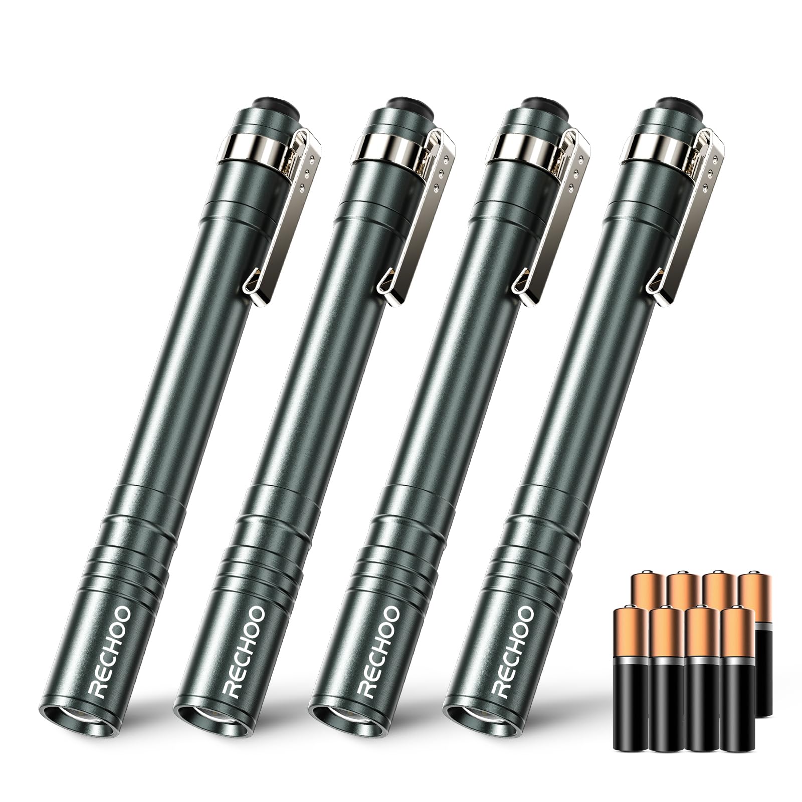 RECHOO LED Pen Light 4 Pack, Small Waterproof Flashlight, Aluminum, Gray, Model SFL005-Grey