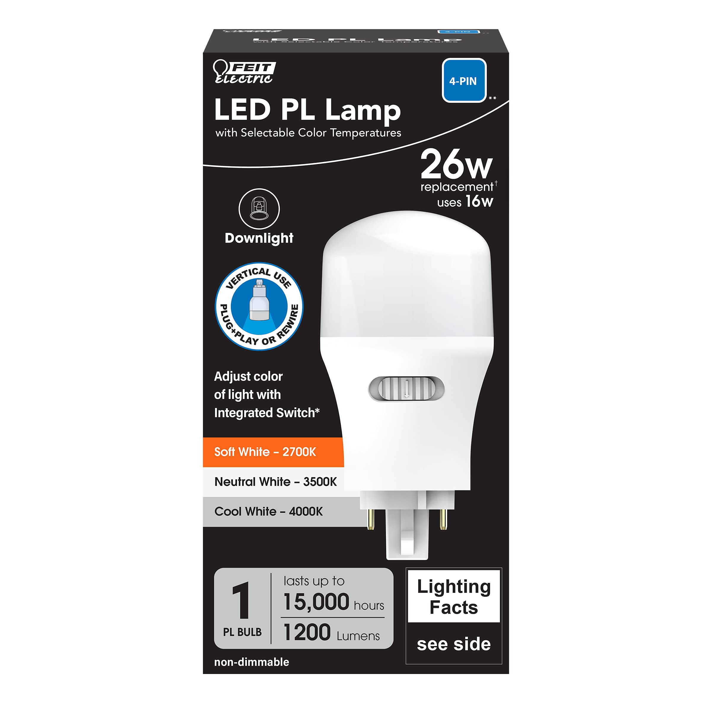 Feit Electric PL26AB/V/CCT/LEDG2 26W Color Selectable LED PL Lamp 2700/3500/4000K Vertical Replacement
