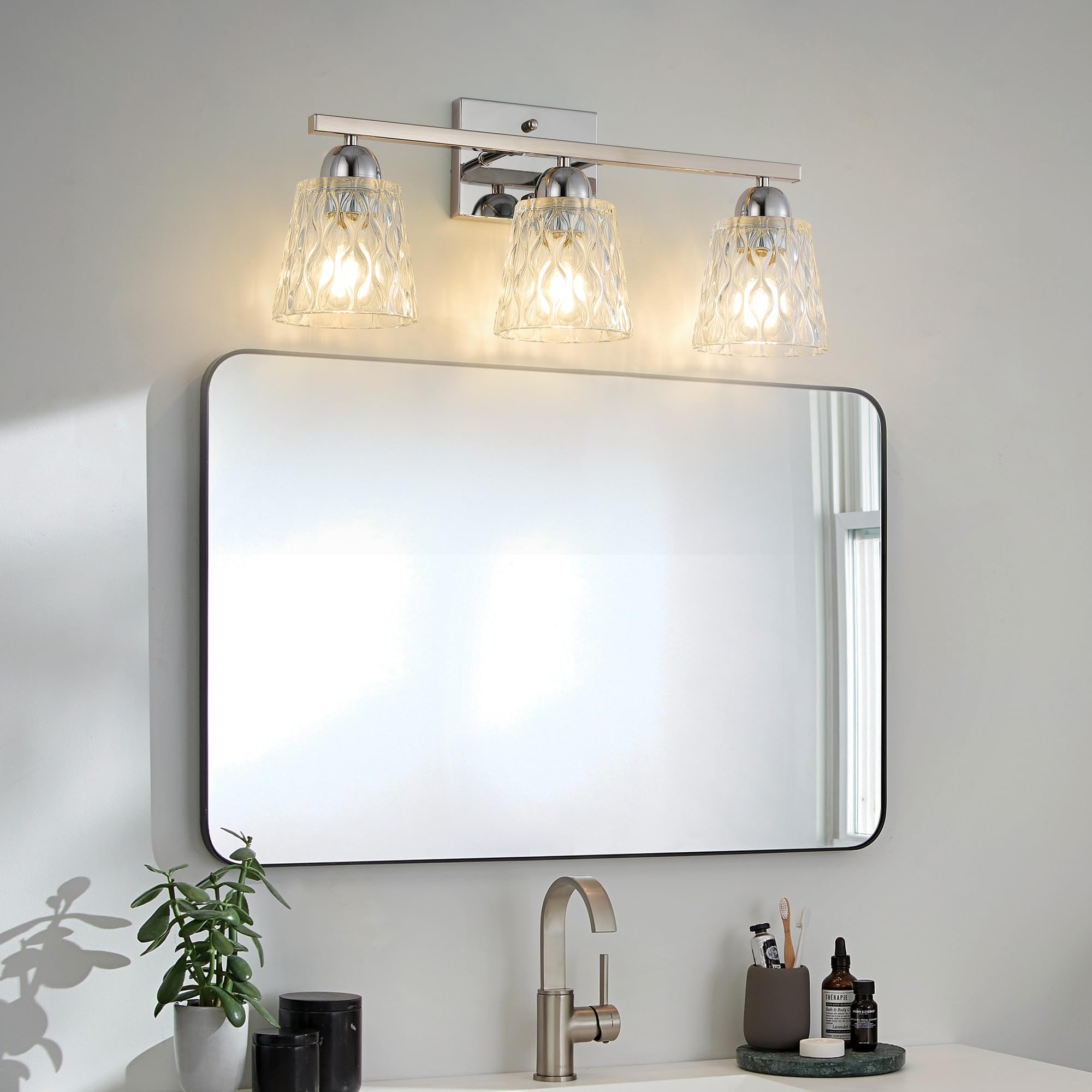 Mecgirn Stainless Steel 3-Light Bathroom Vanity Light, Silver Chrome with Textured Glass Shades, Modern Wall Mount Over Mirror