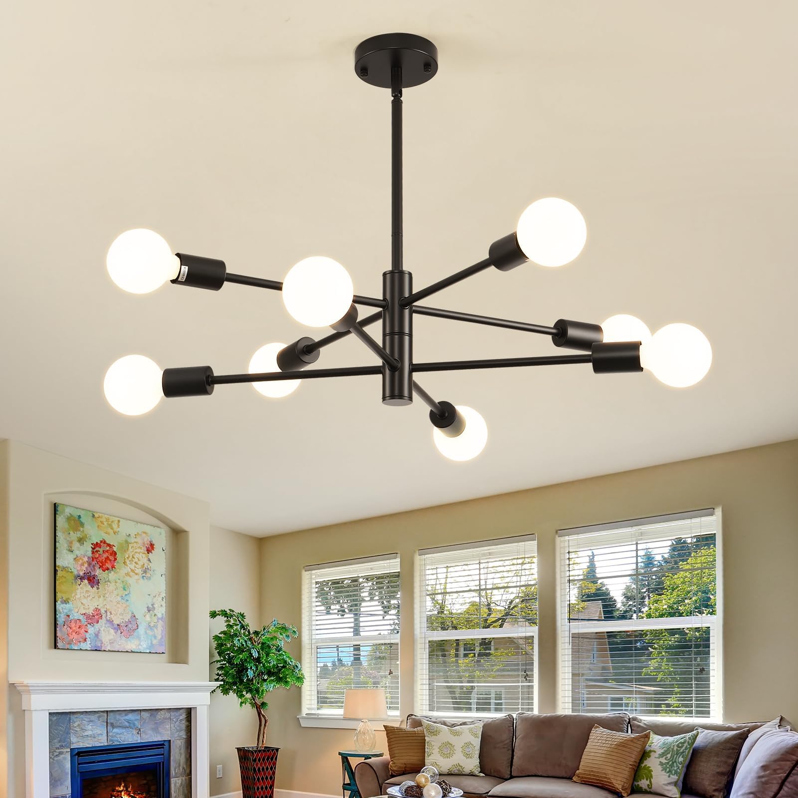 HHR Modern Sputnik Chandelier, 8-Light Black Ceiling Light Fixture, Height Adjustable Industrial Lighting for Kitchen Island,Bed