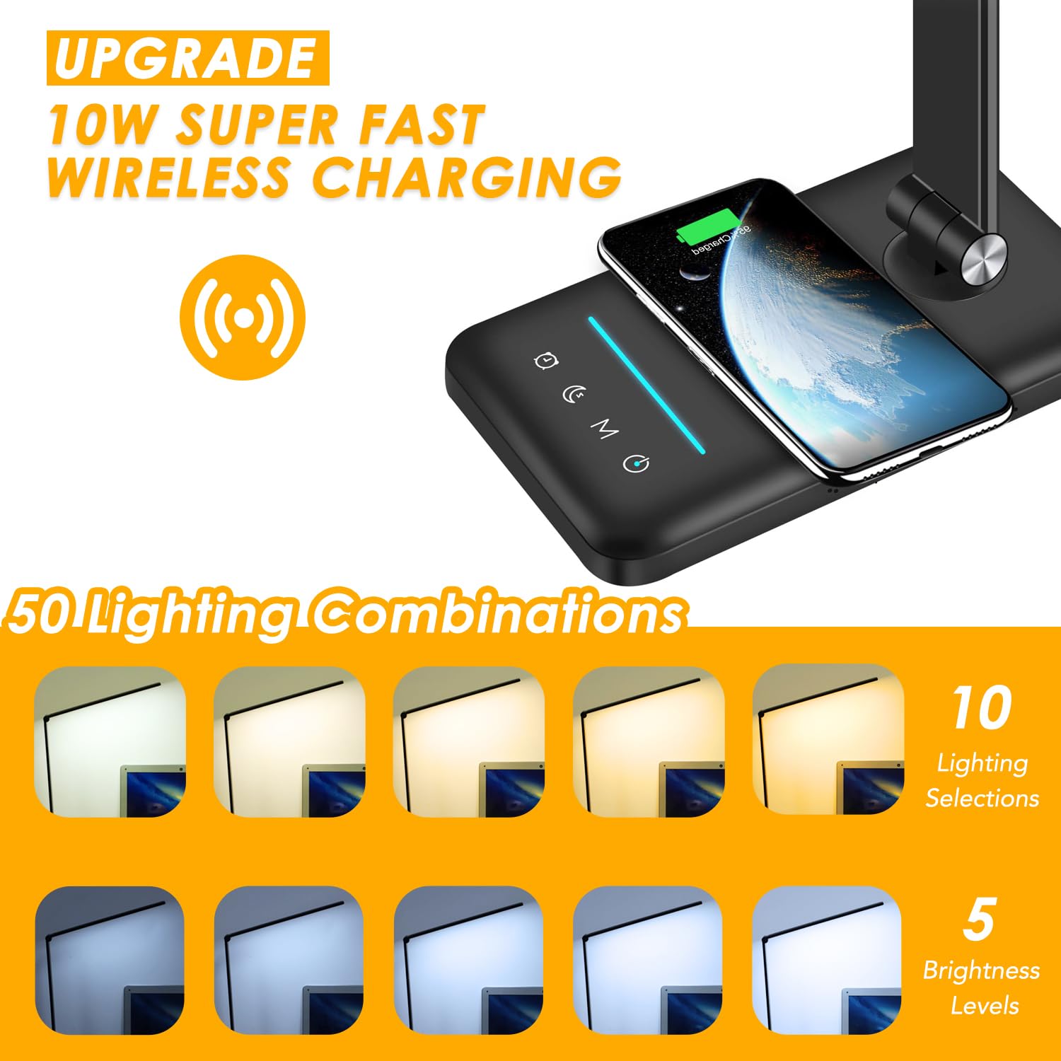 HMFUNTM LED Desk Lamp with Wireless Charger, USB Port, 5 Color Modes, Touch Control, Medium Size, Upgraded Black, Model EK009A