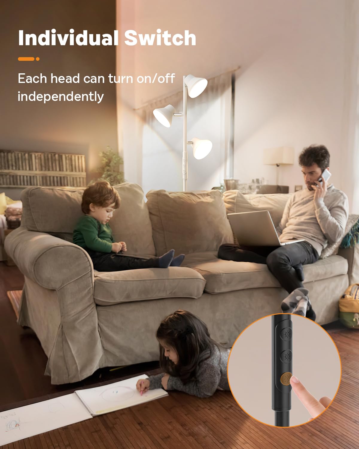 SIBRILLE 36W Dimmable White Floor Lamp, 3 Rotatable LED Lights, Touch & Remote Control, Model FLH-036-F2
