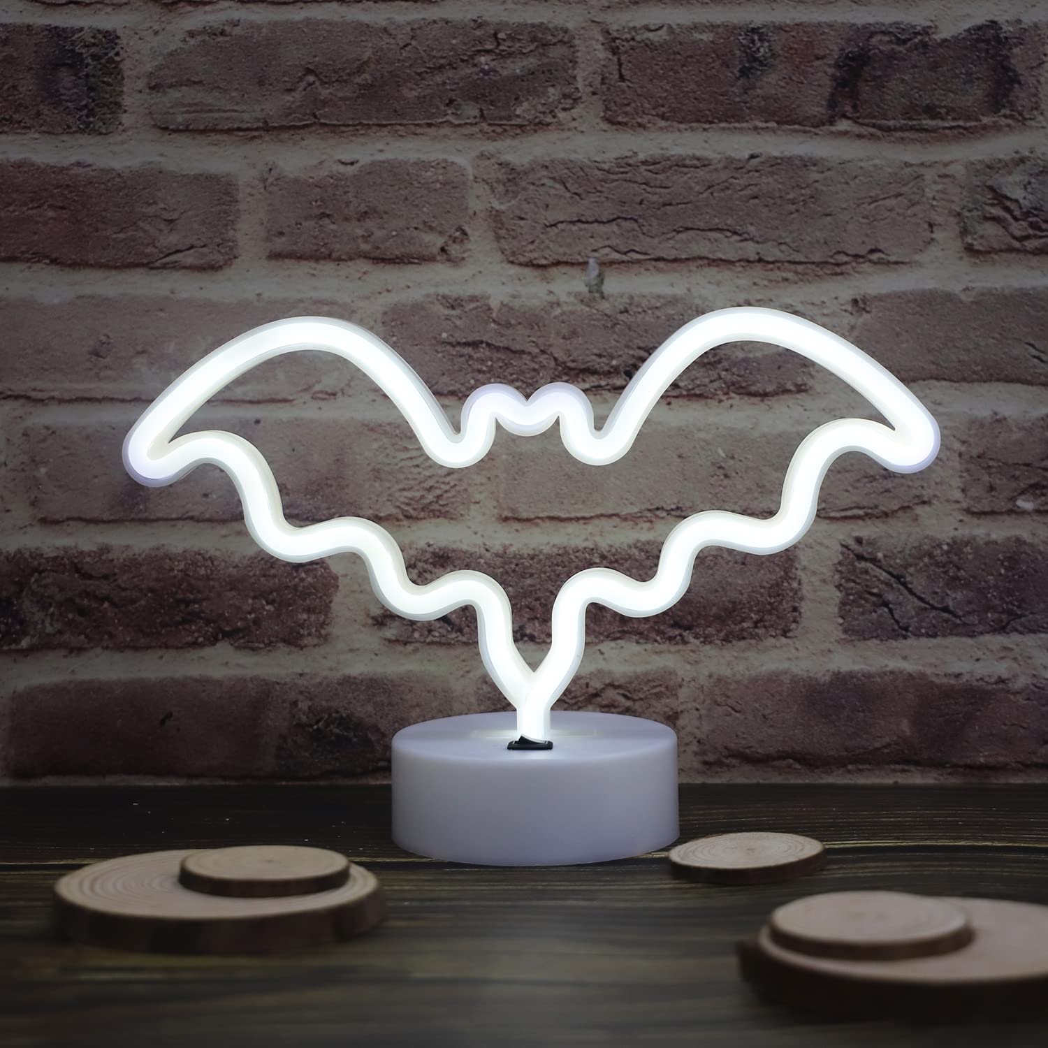 Led Neon Bat Lights Halloween Decorations, Bat Shape Neon Signs Night Lights Battery Operated Desk Table Lamp For Bedroom, Bar, Wall, Spooky Decor-Bat With Holder Base(White)