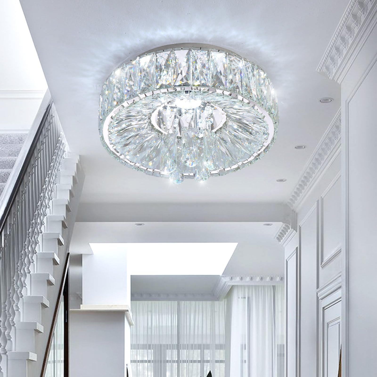 dolria Modern LED Chandeliers, 53.7'' Dimmable Crystal Flush Mount, Silver, Model PC1019-140S for Living Room, Foyer, Bedroom