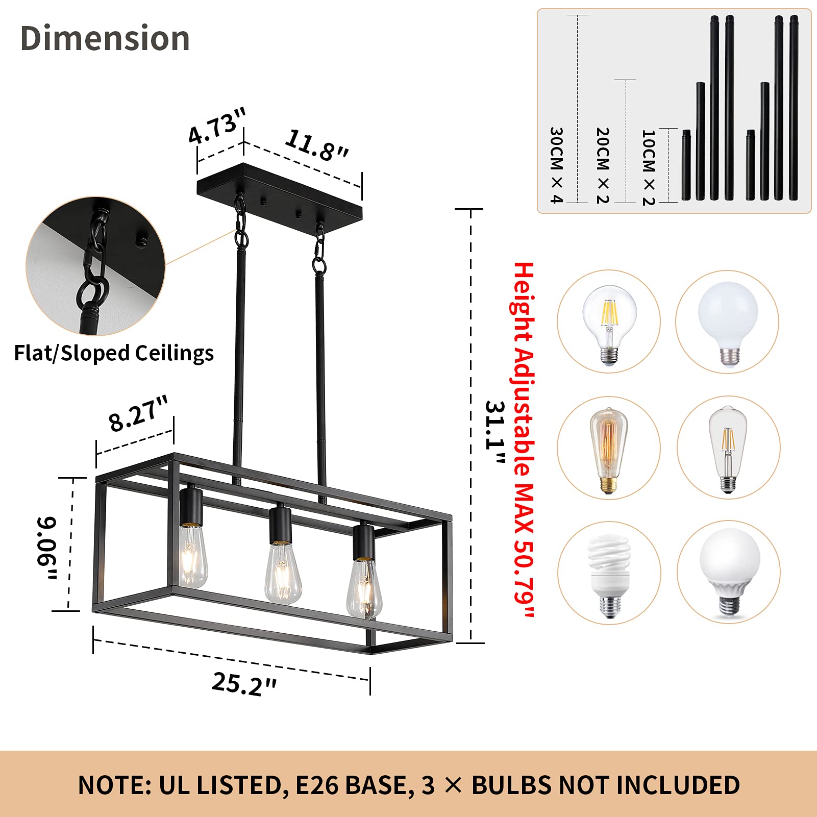 Xislthotsl Black Kitchen Island Lighting, Modern Linear Cage Retangular Chandelier, 3 Lights Industrial Metal Hanging Light Fixture For Farmhouse Kitchen Dining Room Bar Foyer