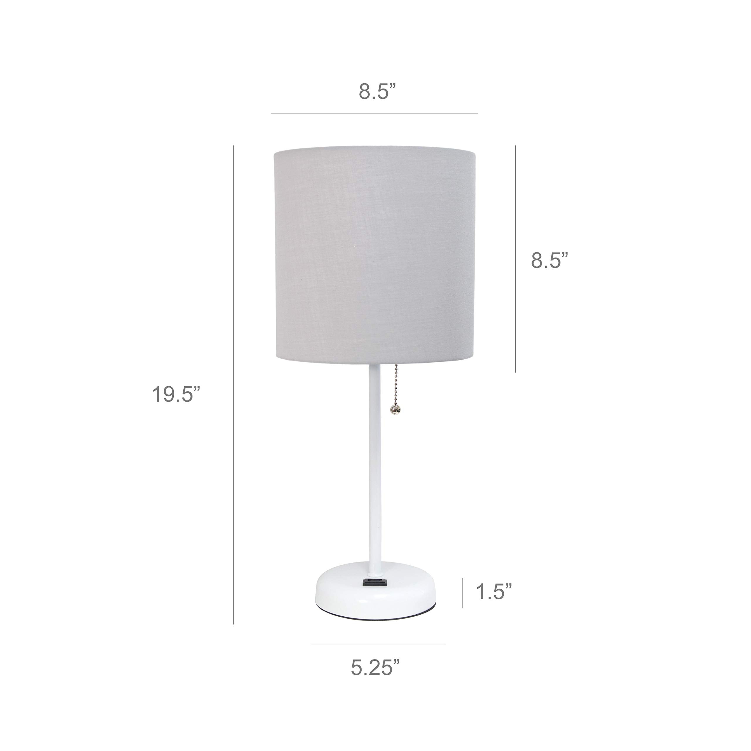 Simple Designs Lt2024-Gow White Stick Table Desk Lamp With Charging Outlet And Drum Fabric Shade, Gray Shade (Pack Of 2)