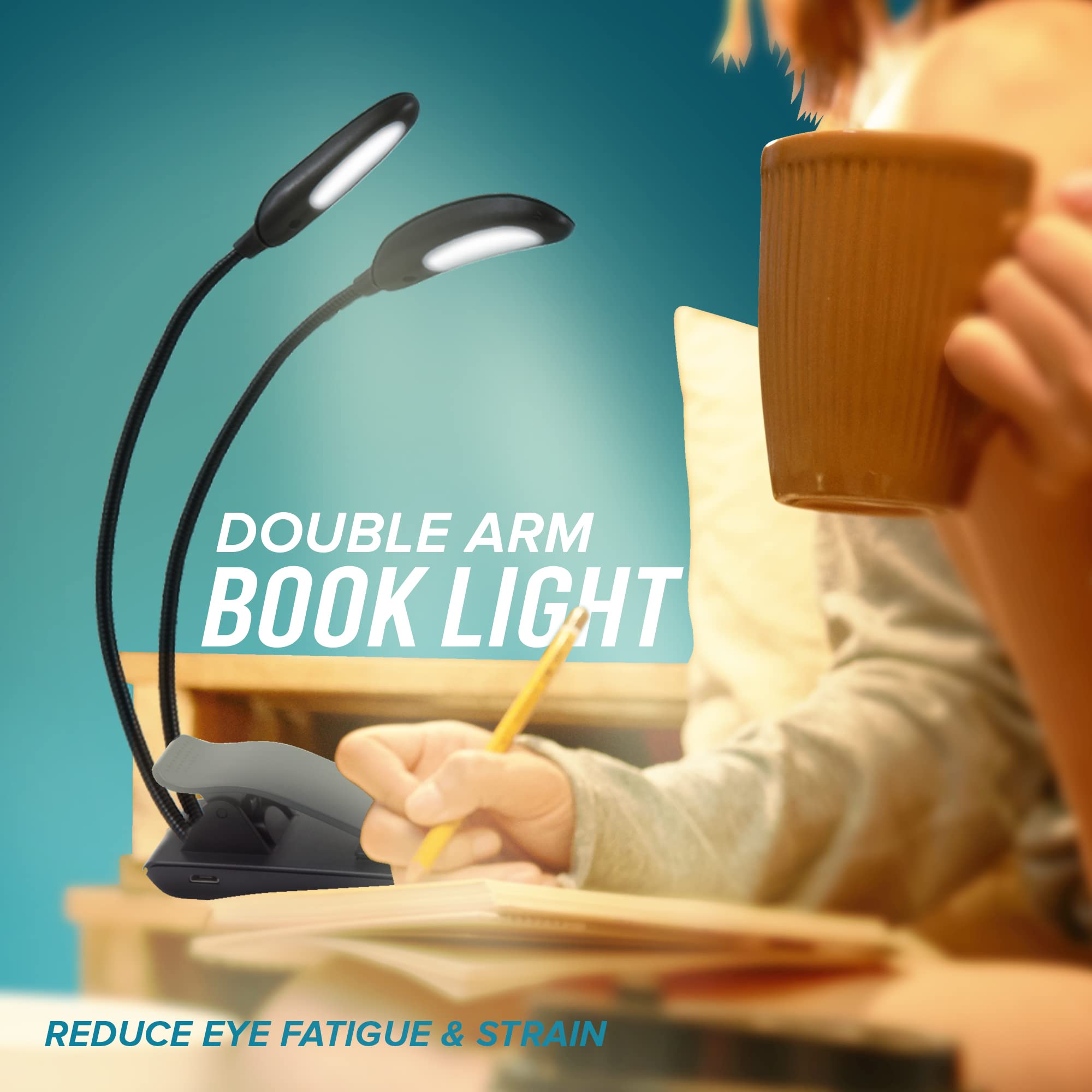 Ecologic Mart - Double Arm Rechargeable Book Light for Reading in Bed, Clip on Light for Reading Books with 9 Adjustable Reading
