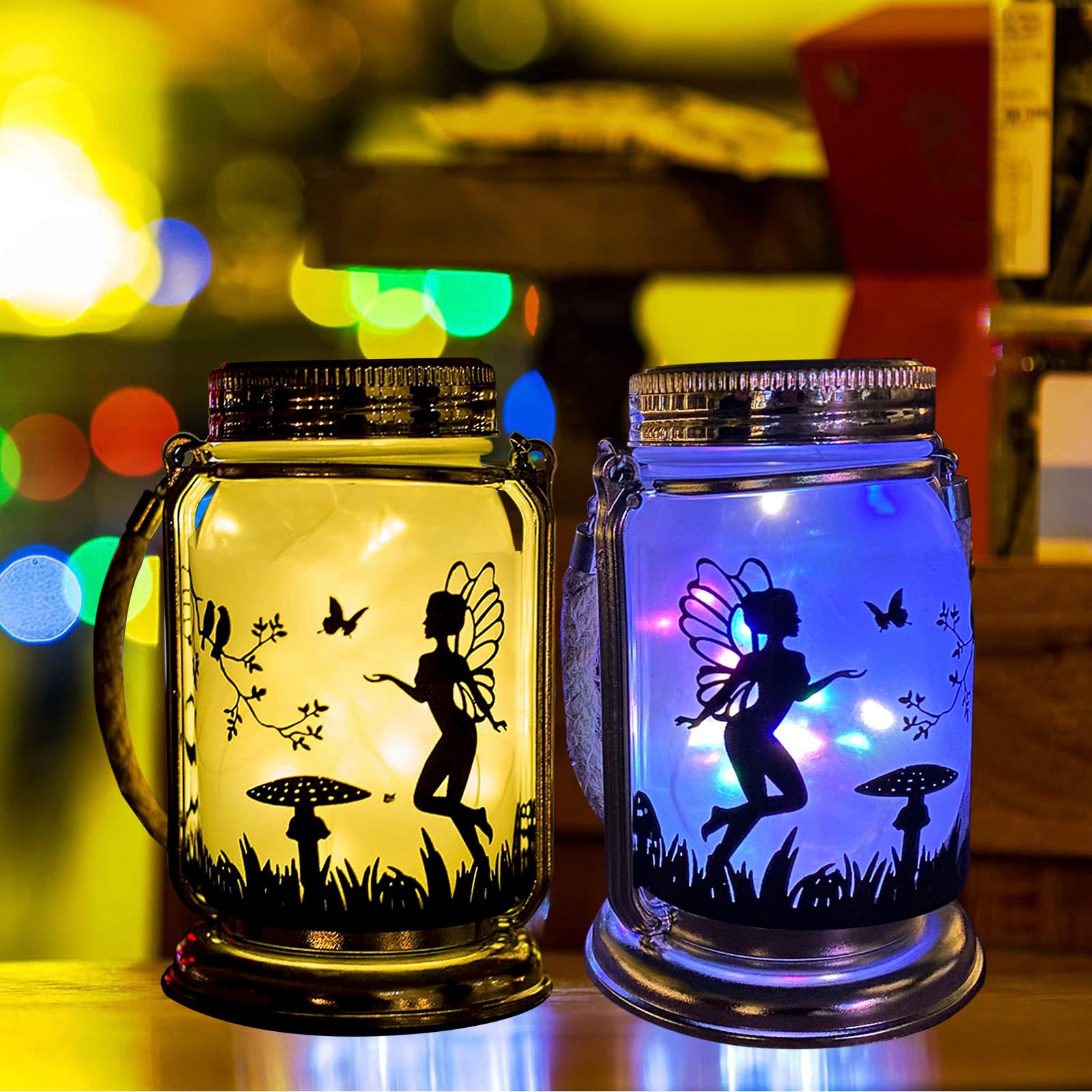 Angmln Solar Fairy Lantern Mason Jar Light- 4 Pack Ourdoor Fairies Decorations Gifts Hanging Lamp Frosted Glass Jar With Stake F