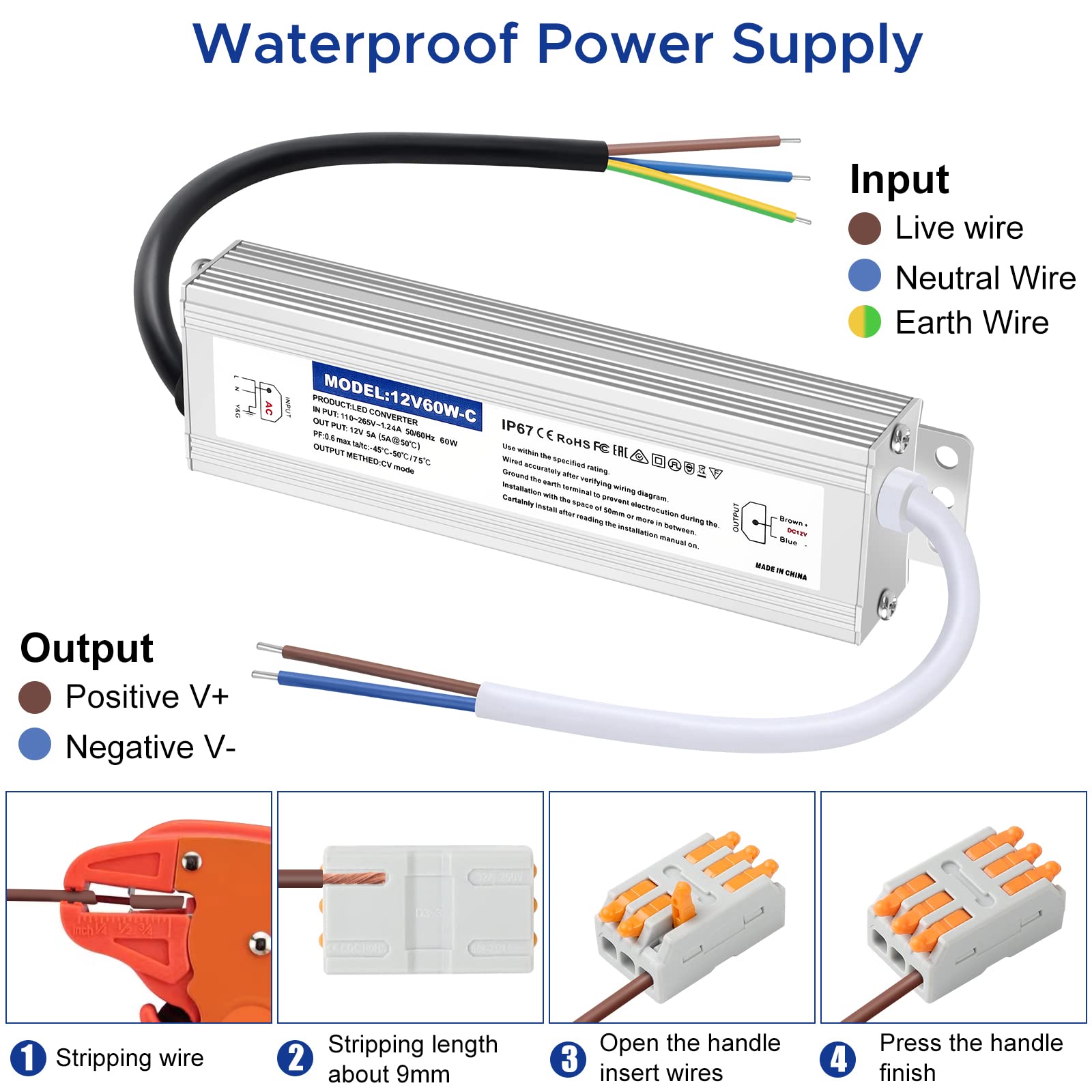 Karyoosi Waterproof Ip67 Led Driver Power Supply 12V 60W 5A, 110V Ac To 12V Dc Converter, Ideal For Indoor And Outdoor, Marine, And Industrial Led Lighting Applications
