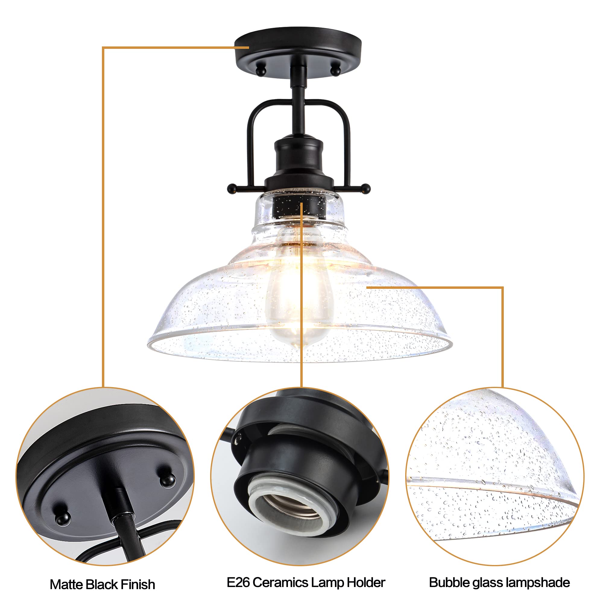 Zlepmlla Flush Mount Ceiling Light Fixture, Black Metal Frame & Seeded Glass, Model 8726-1x, Ideal for Kitchen Island & Entryway