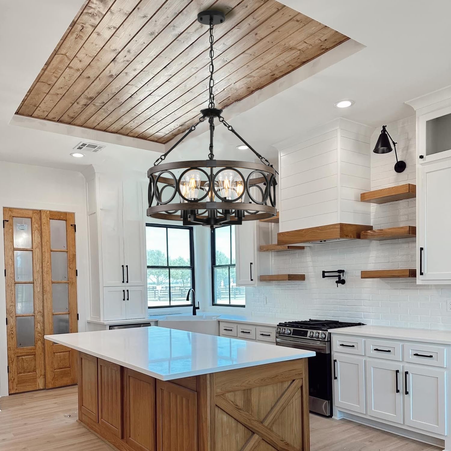 SHIANDAR 5-Light Flush Mount Ceiling Light, Height Adjustable Rustic Black Chandelier, Model MYX-005-TYdk-mwBKmLT-5L