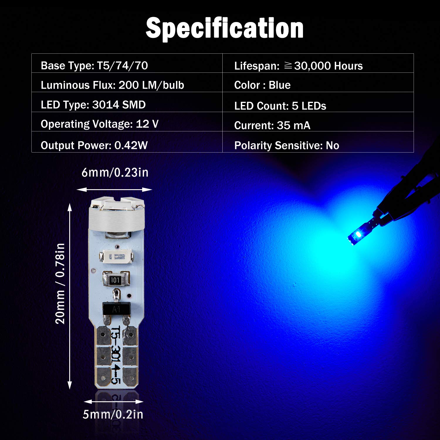 Brishine 10X T5 Led Bulbs Canbus Error Free Blue 3014 Chipsets 74 2721 37 Pc74 Wedge Led Bulbs For Interior Gauge Cluster Dashbo