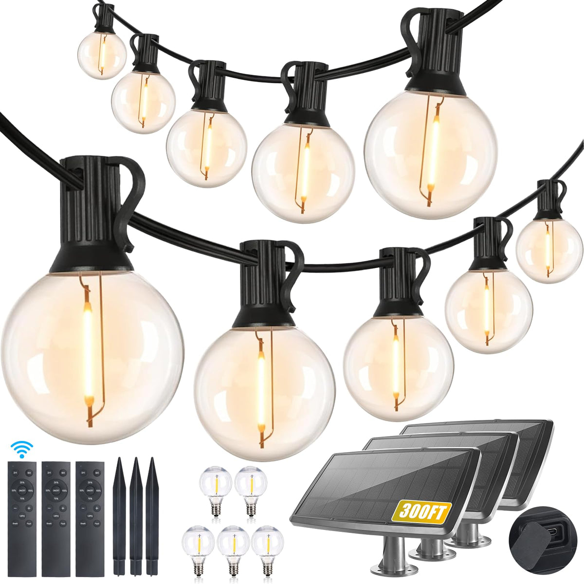 300Ft Solar String Lights Outdoor Waterproof With Remote,G40 Solar Powered String Lights With 60+3 Led Shatterproof Bulbs, Dimma