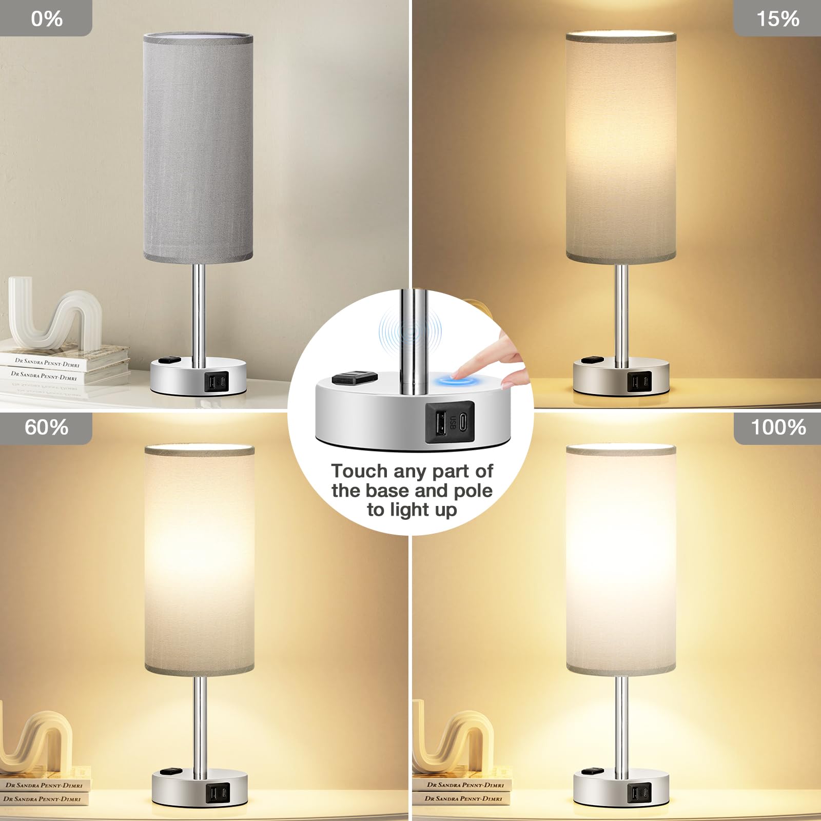 Fenmzee Grey Nightstand Table Lamp For Bedroom - 3 Way Dimmable Bedside Lamp Usb C A Charging Ports And Ac Outlet, Small Table L