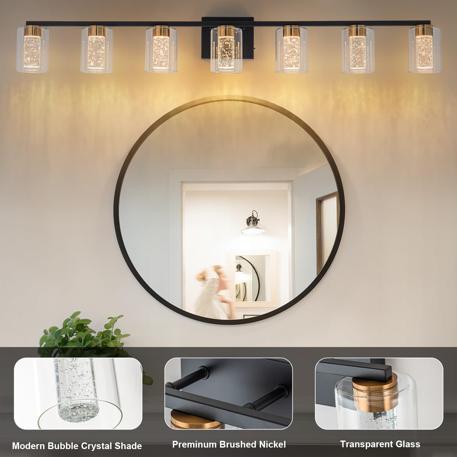 Sinerise 7-Light Black And Gold Vanity Light With 3 Color Modes (3000K/4000K/6000K), Eye Protection Led Bathroom Light Fixture,